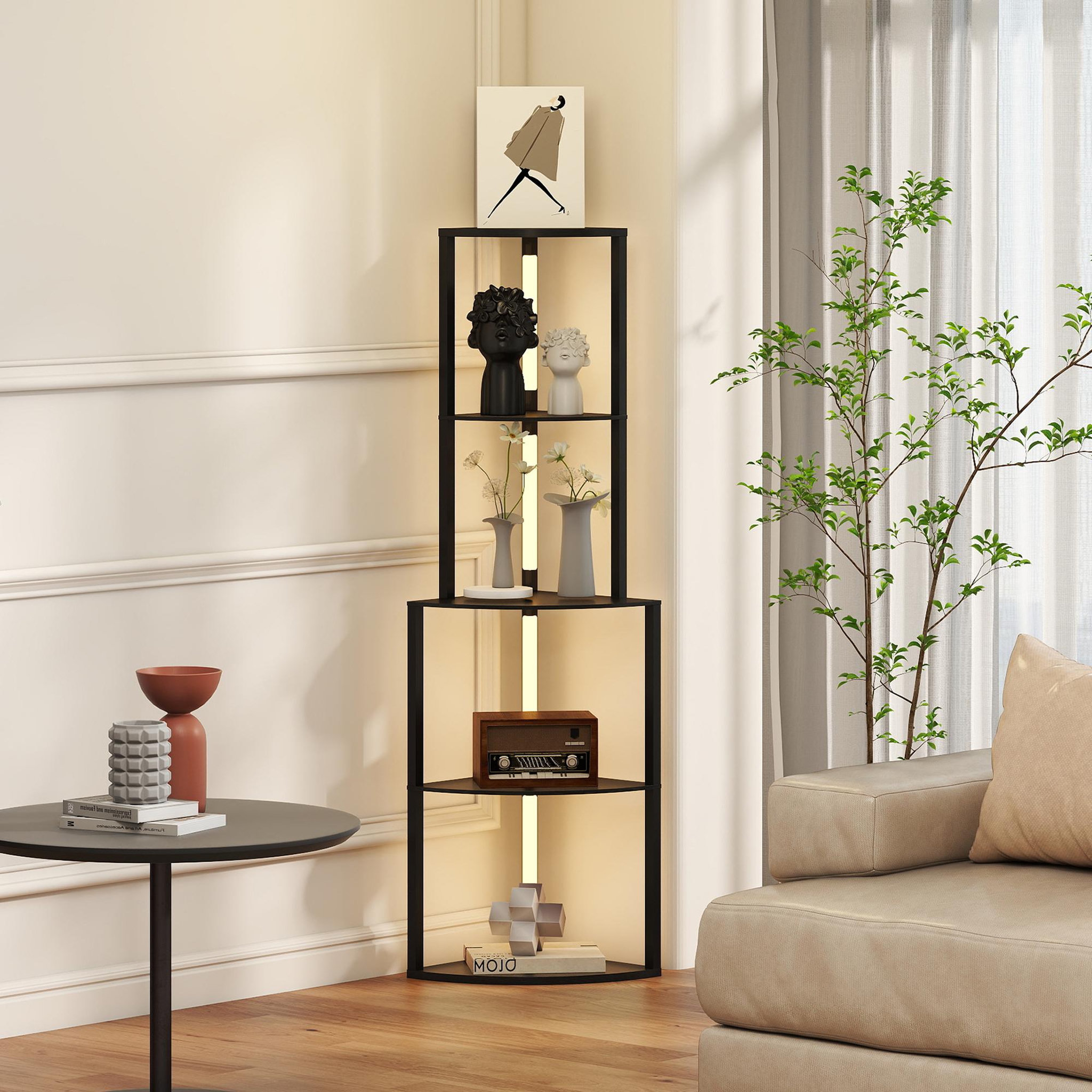 Voir la diapositive 2 : HOMCOM Lampadaire étagère led d'angle réglable - lampe étagère 4 niveaux design h.163cm - mdf noir