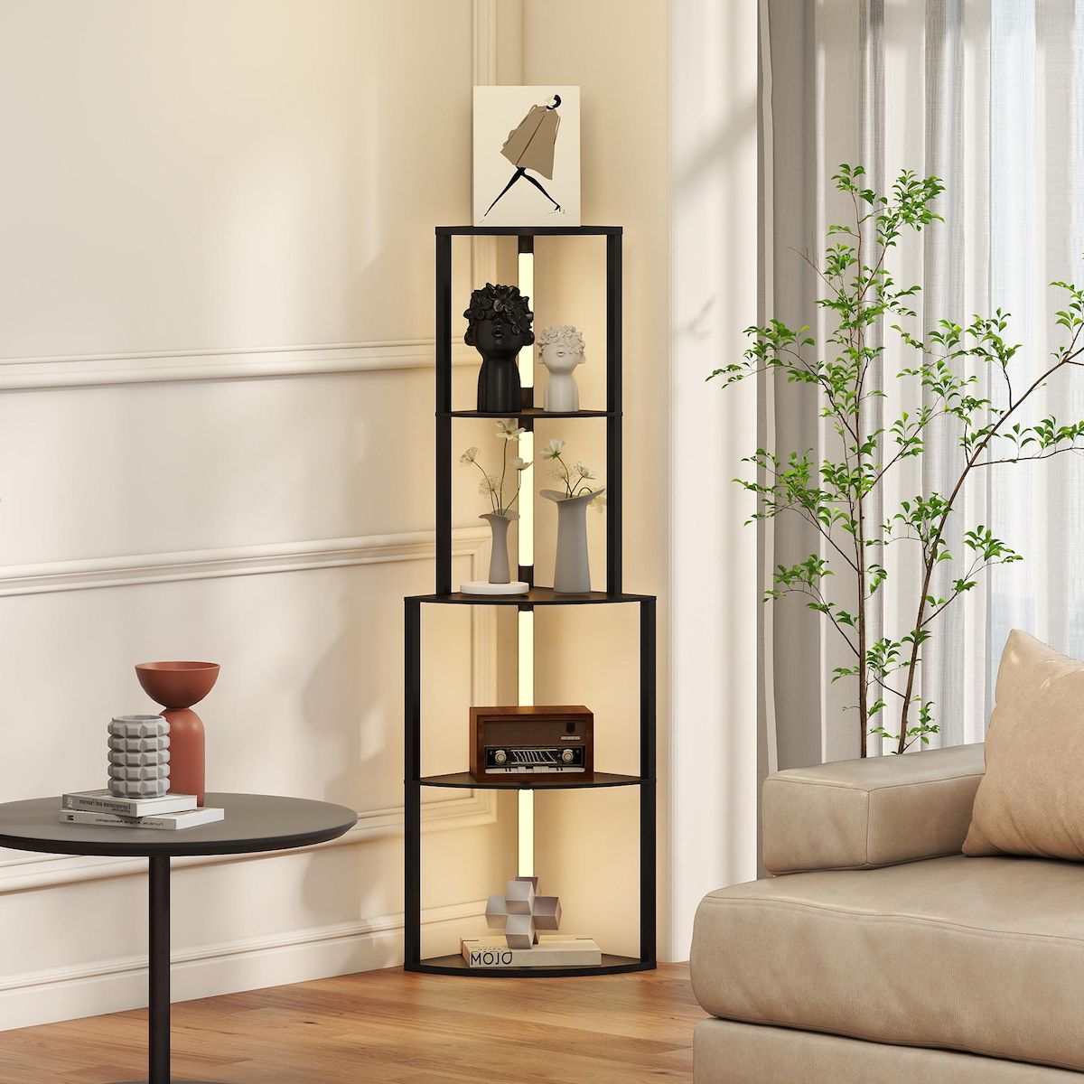 HOMCOM Lampadaire étagère LED d'angle réglable - lampe étagère 4 niveaux design H.163cm - MDF noir