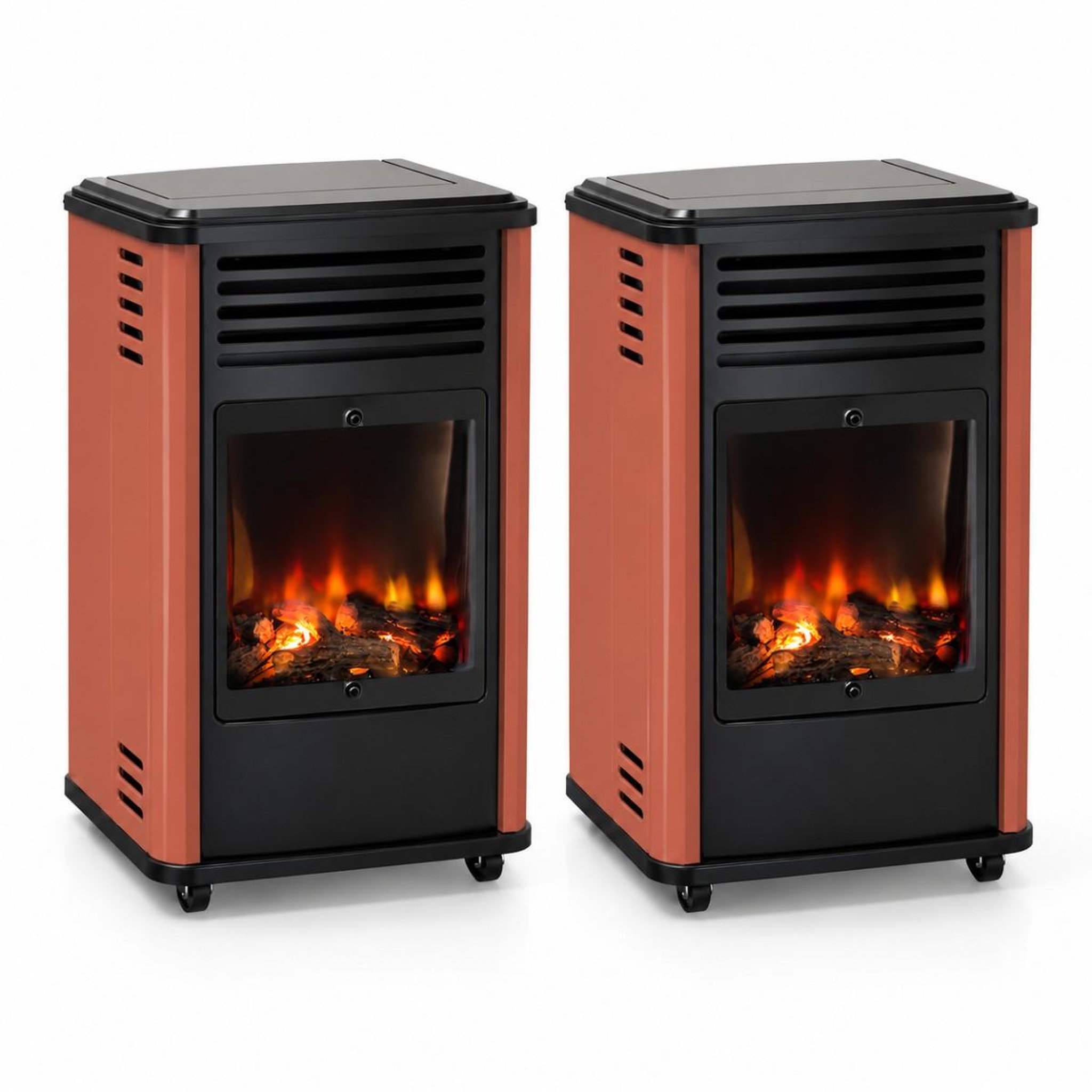 SAHARA Pack 2 Poêles à gaz 3.4KW Manhattan Rouge Effet feu de bois 3 niveaux de chauffe 40-80m2 Sahara