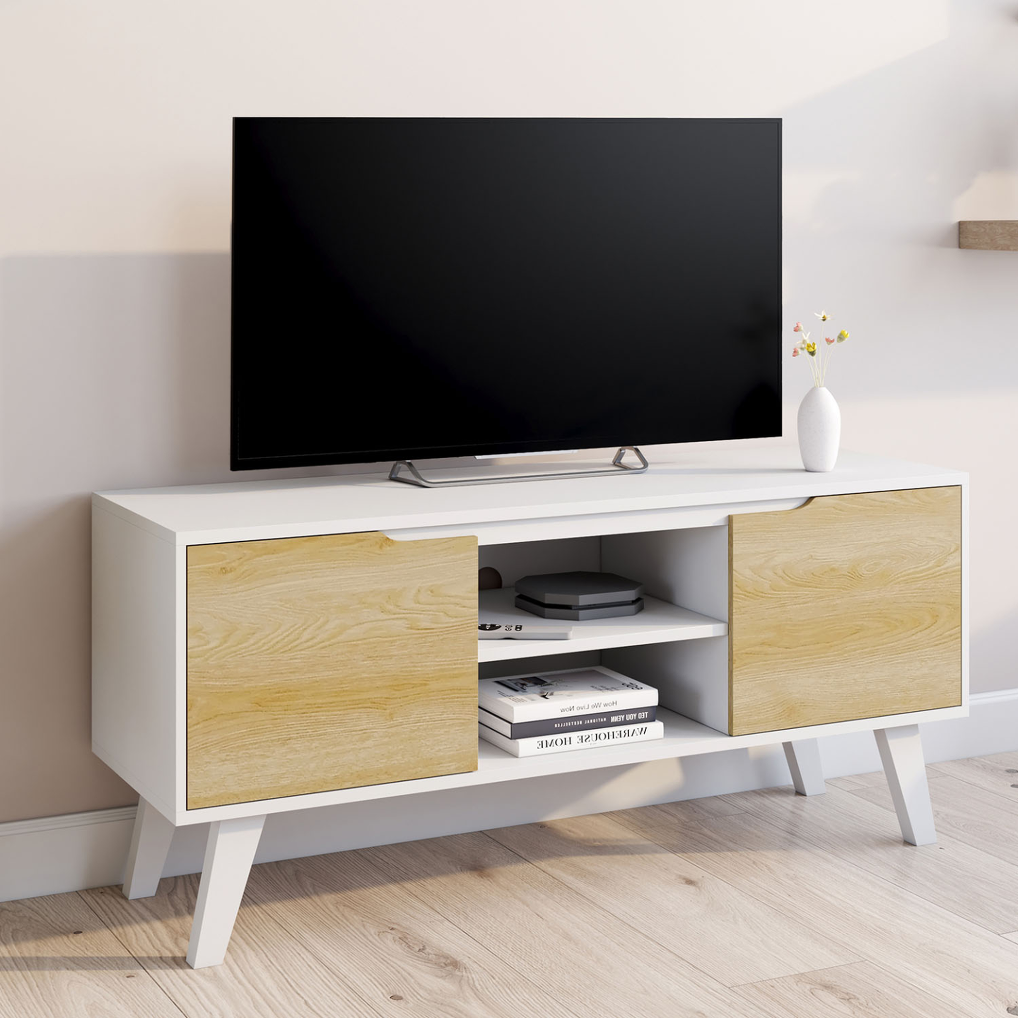 Voir la diapositive 2 : ID MARKET Meuble tv 110 cm finn blanc 2 portes façon hêtre