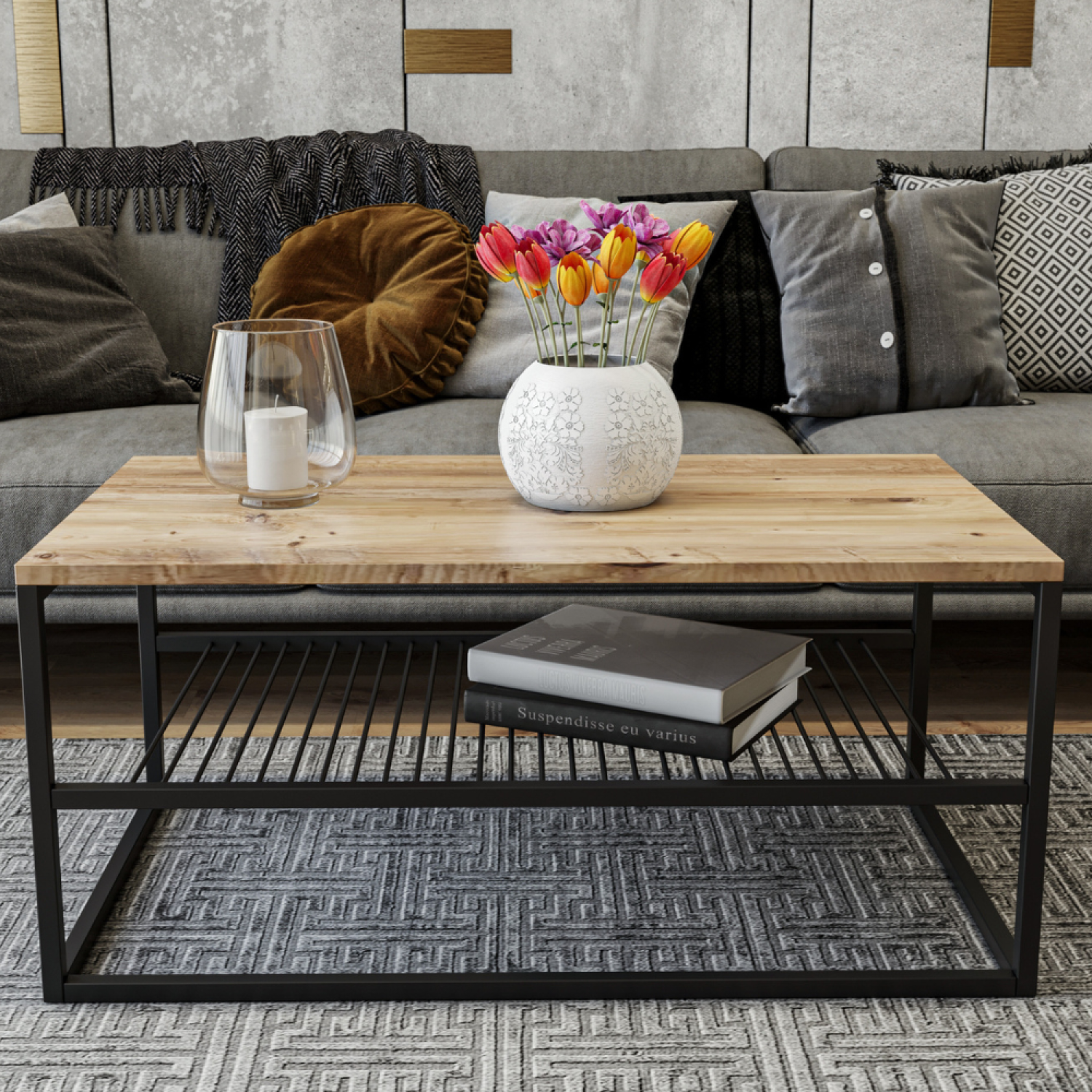 Voir la diapositive 3 : CONCEPT USINE Table basse industrielle avec étagère factory
