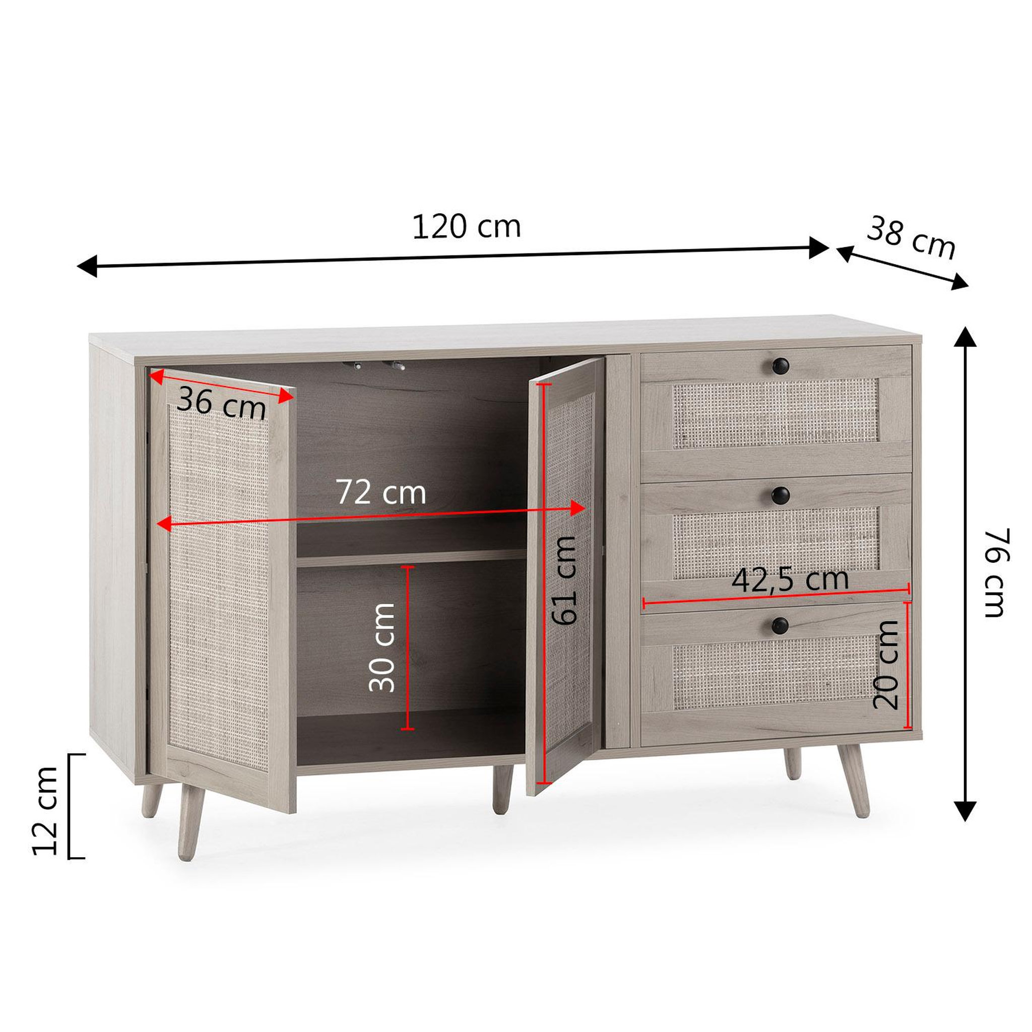 Voir la diapositive 6 : VS VENTA-STOCK Buffet Bella 3 tiroirs et 2 portes en chêne, 120 cm