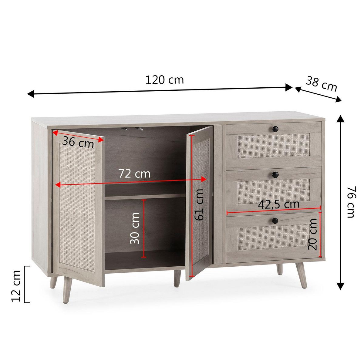 VS VENTA-STOCK Buffet Bella 3 tiroirs et 2 portes en chêne, 120 cm