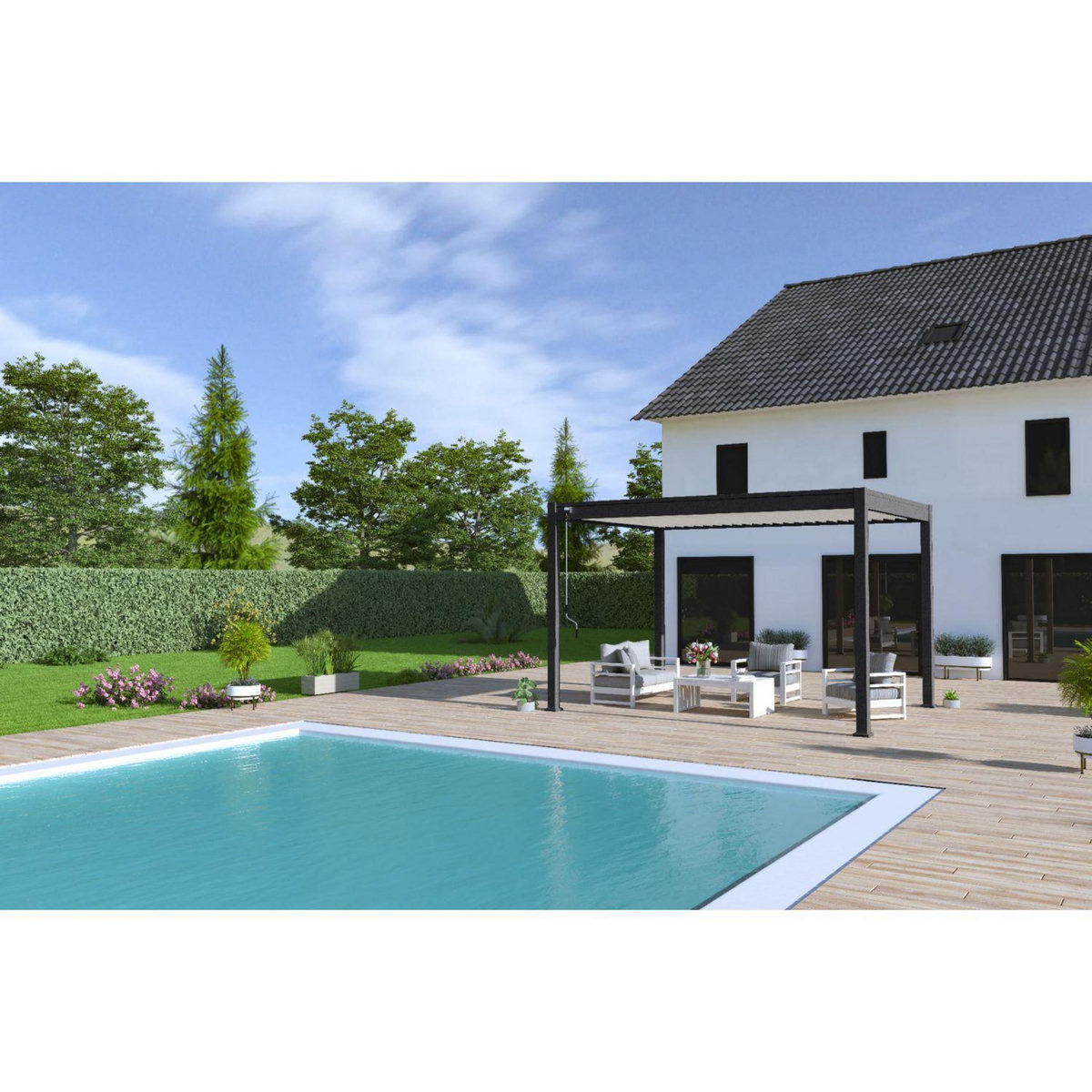 Pergola Bioclimatique autoportée  3X4 m - Aluminium - Noir charbon/blanc - VS OmBREA®