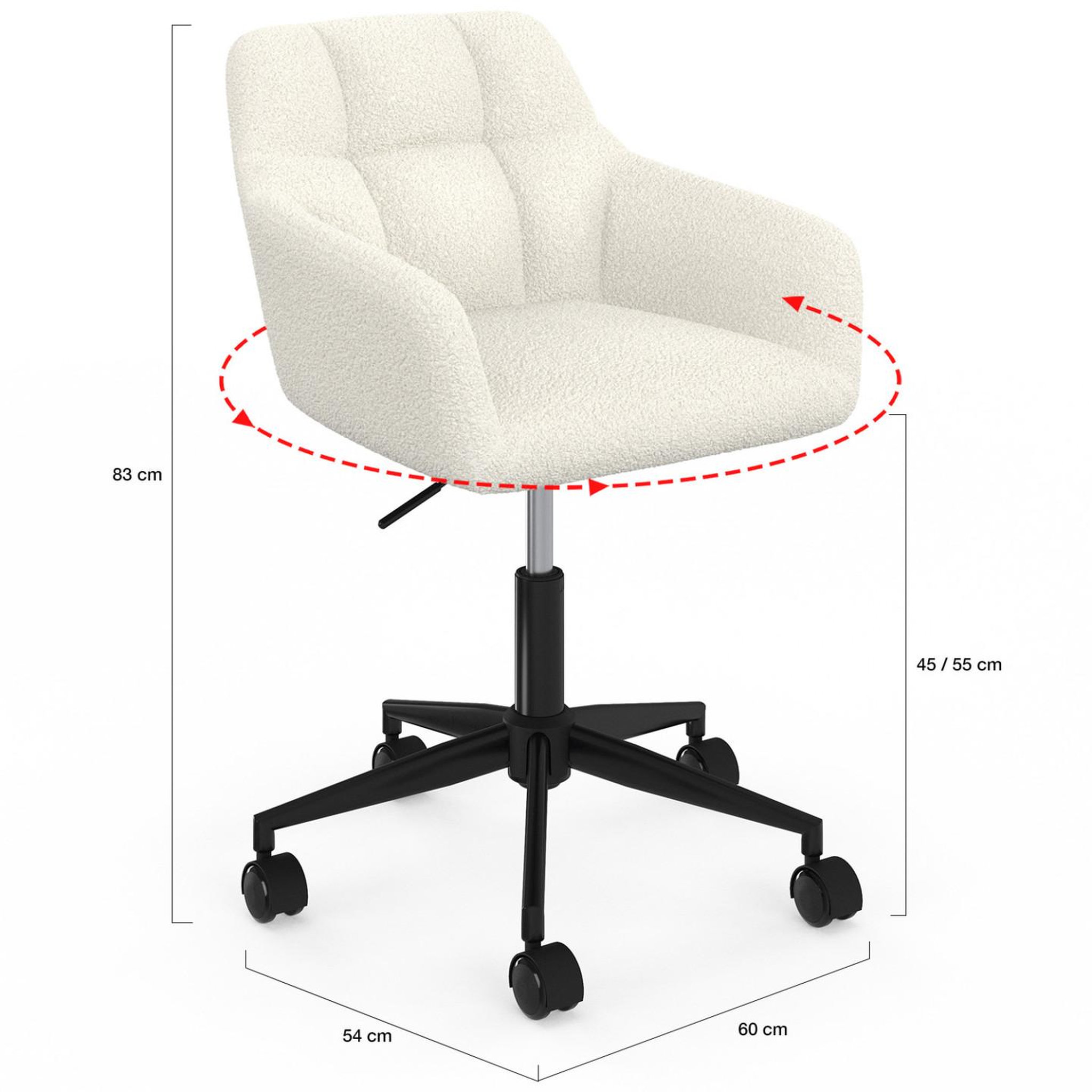 Voir la diapositive 5 : ID MARKET Chaise de bureau edgard en tissu bouclette blanche pivotante et hauteur réglable à roulettes