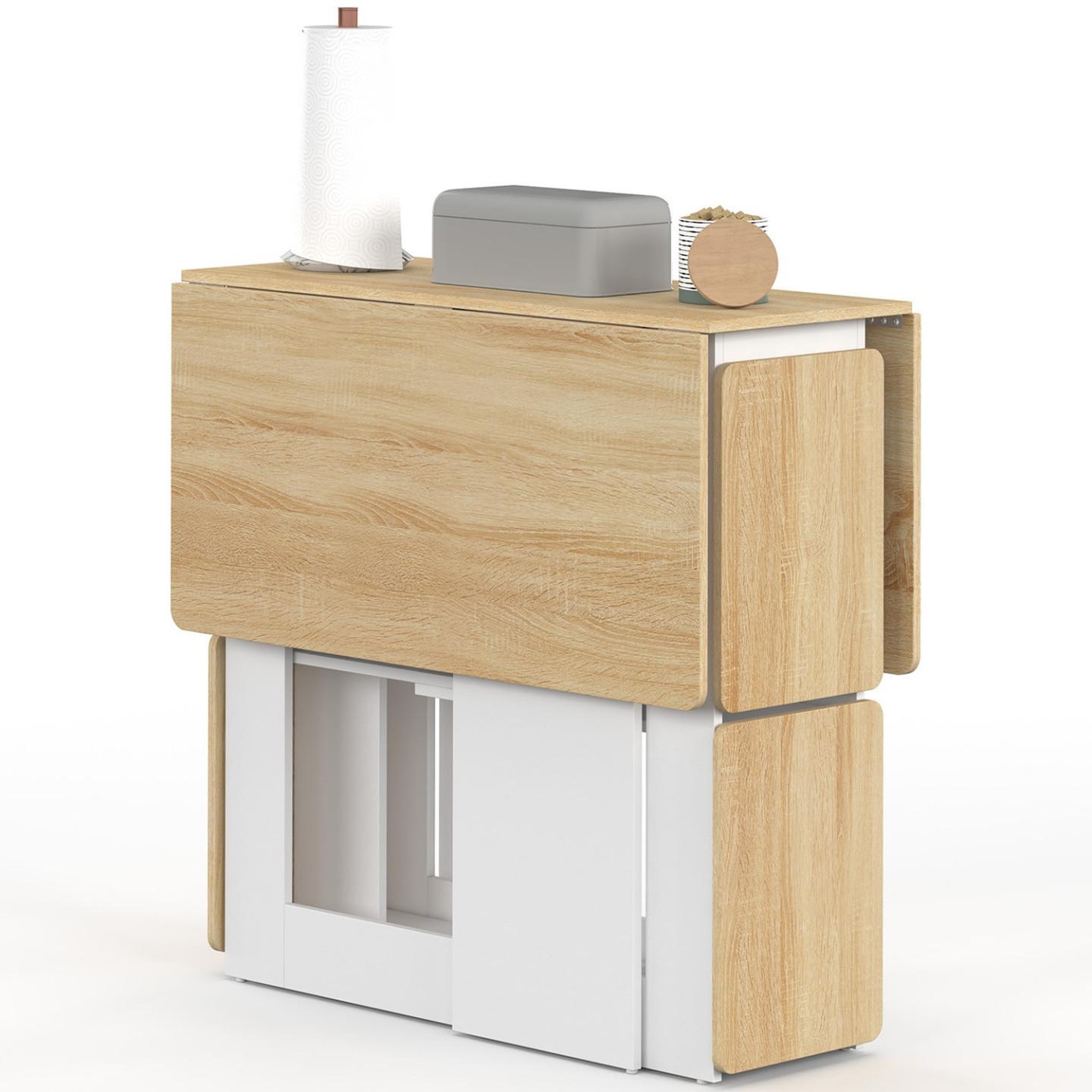 Voir la diapositive 3 : ID MARKET Ensemble table console pliable edi 2-4 personnes bois blanc et plateau façon hêtre avec 4 tabourets