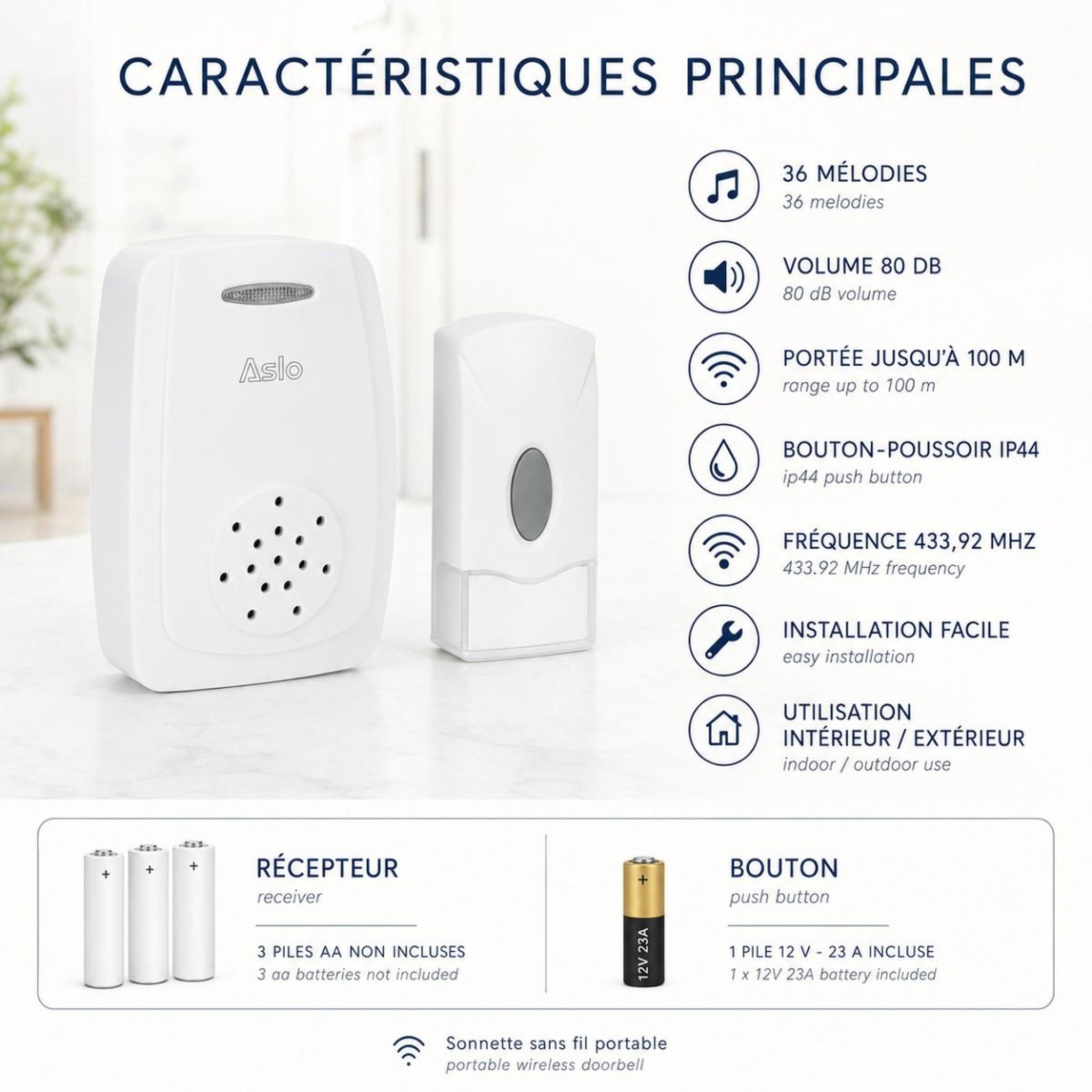 Voir la diapositive 2 : ASLO Sonnette sans fil portable 100m 80db blanche – carillon 36 mélodies ip44 avec bouton-poussoir intérieur extérieur aslo