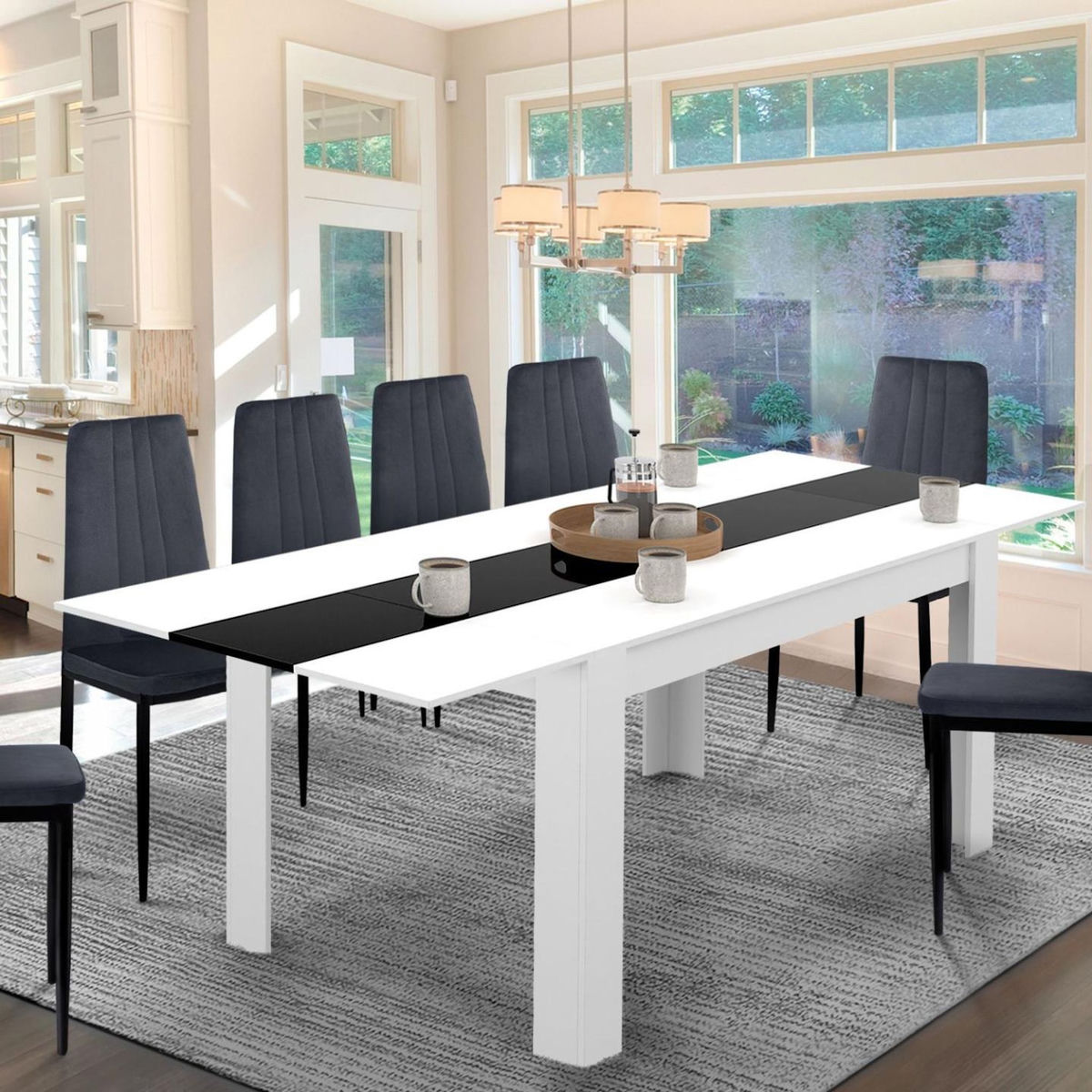 ID MARKET Table à manger extensible rectangle GEORGIA 6-10 personnes blanche et noire 140-220 x 90 cm