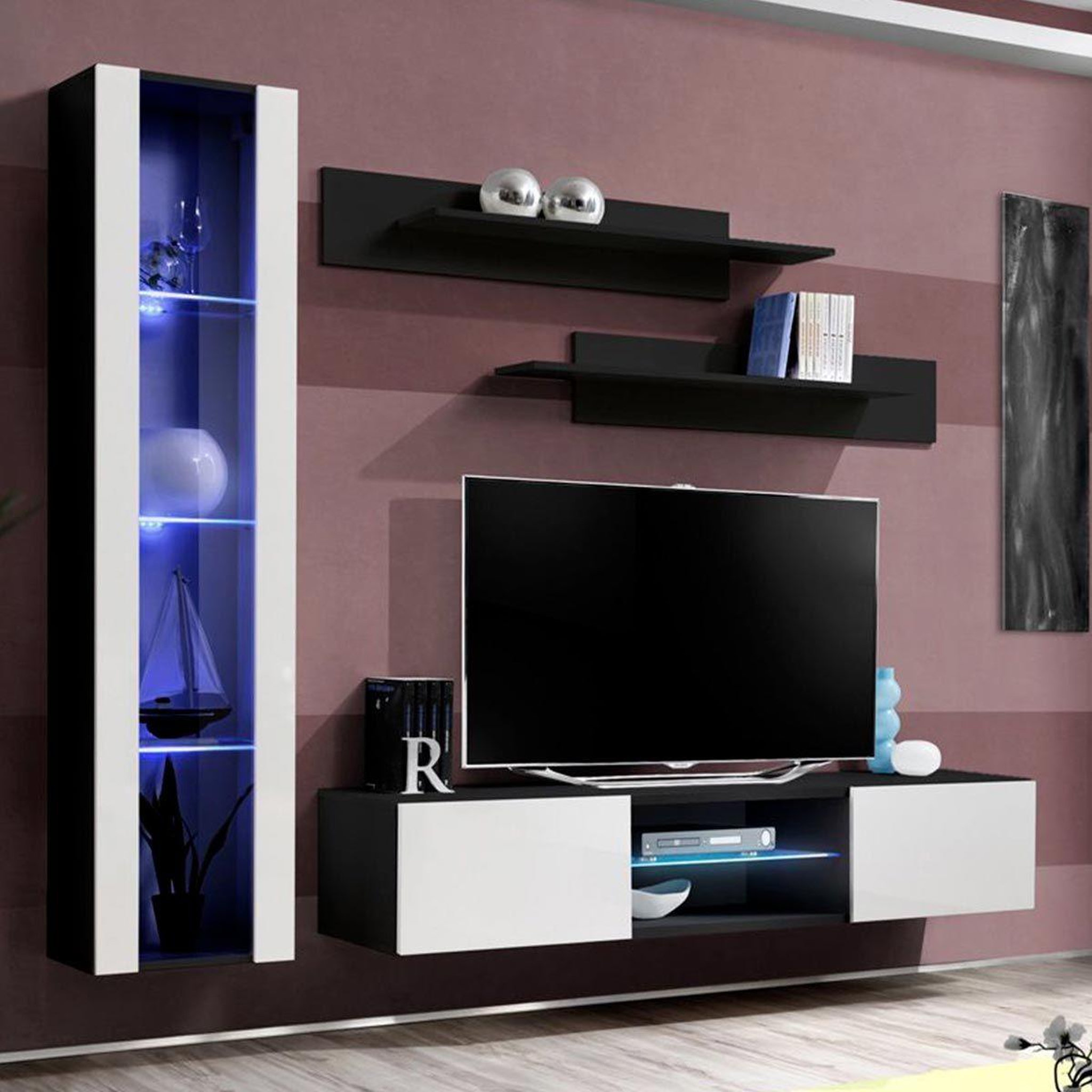 Voir la diapositive 1 : Paris Prix Ensemble meuble tv mural  fly r2  210cm blanc & noir