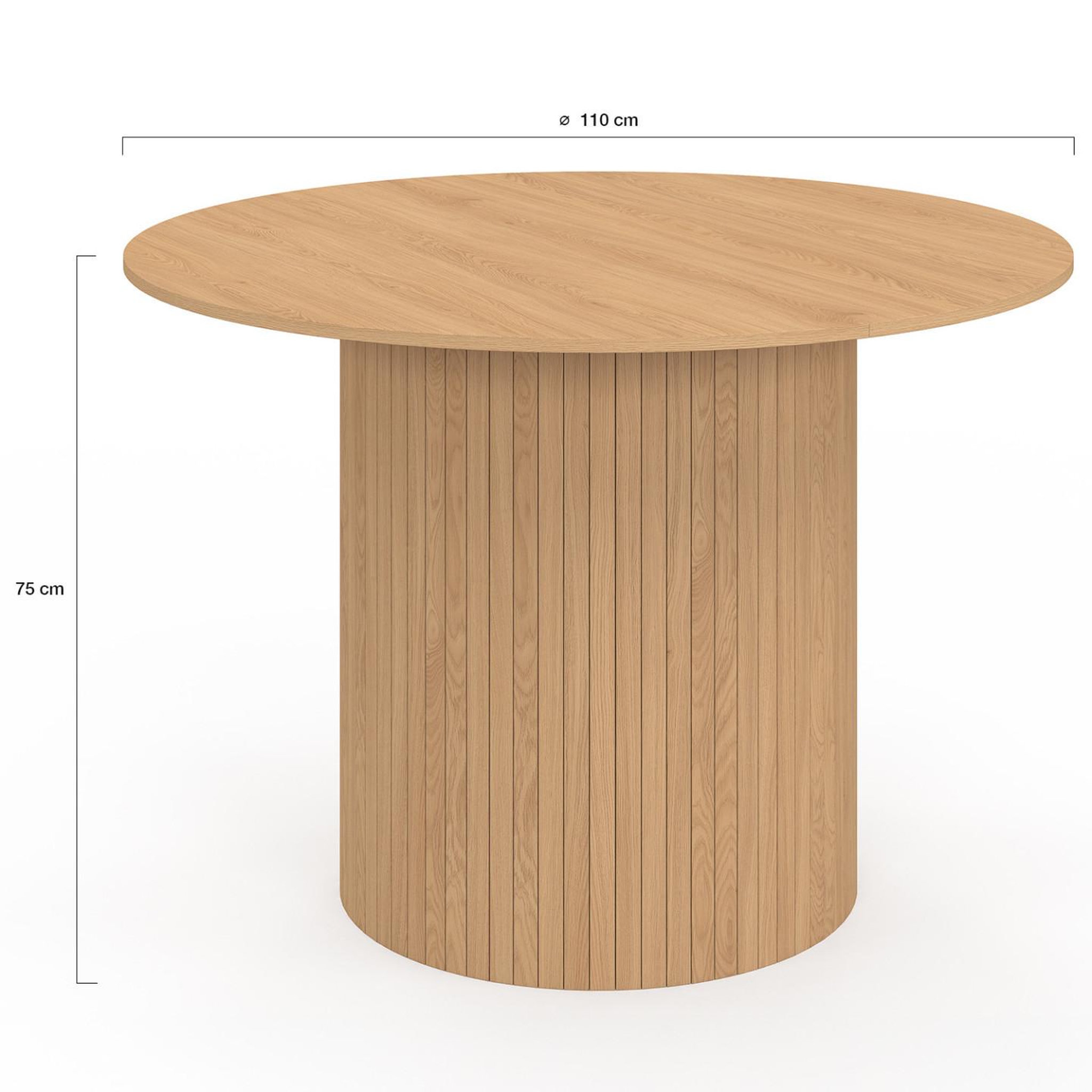 Voir la diapositive 4 : ID MARKET Table à manger ronde JULIETTE 6 personnes pied central effet lattes 110 cm