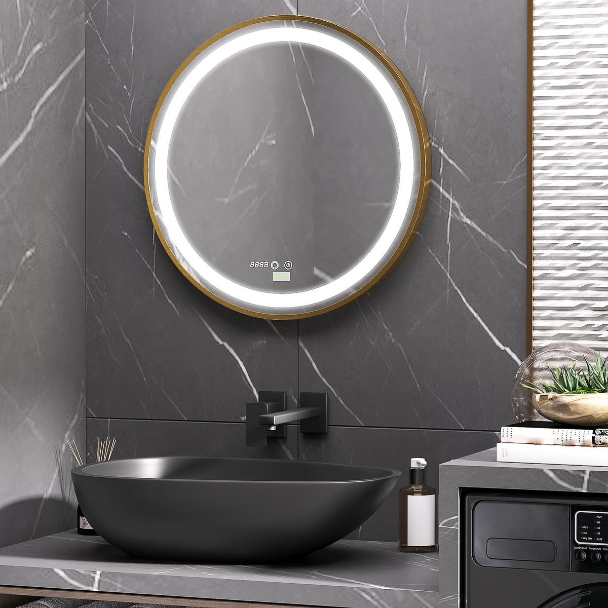 KLEANKIN Miroir rond LED tactile salle de bain dia. 60 cm - 3 couleurs température, affichage heure - alu doré