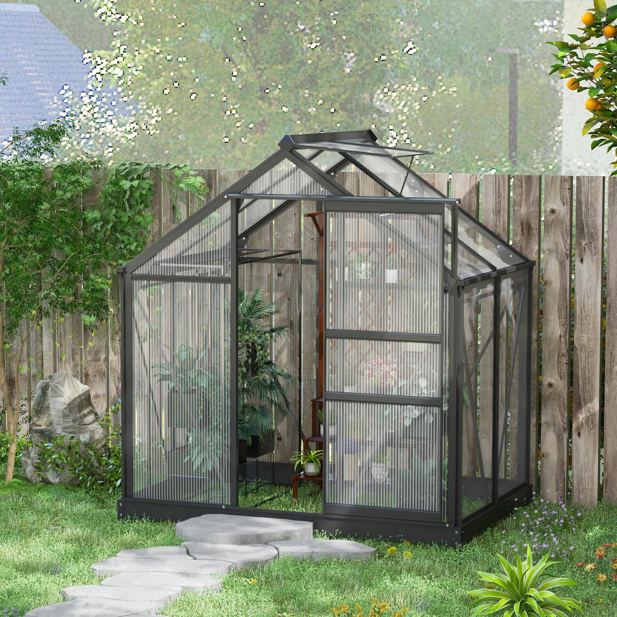 Voir la diapositive 2 : OUTSUNNY Serre de jardin aluminium polycarbonate 2,51 m² dim. 1,9l x 1,32l x 2,01h m lucarne, porte coulissante + fondation incluse alu. Gris polycarbonate transparent