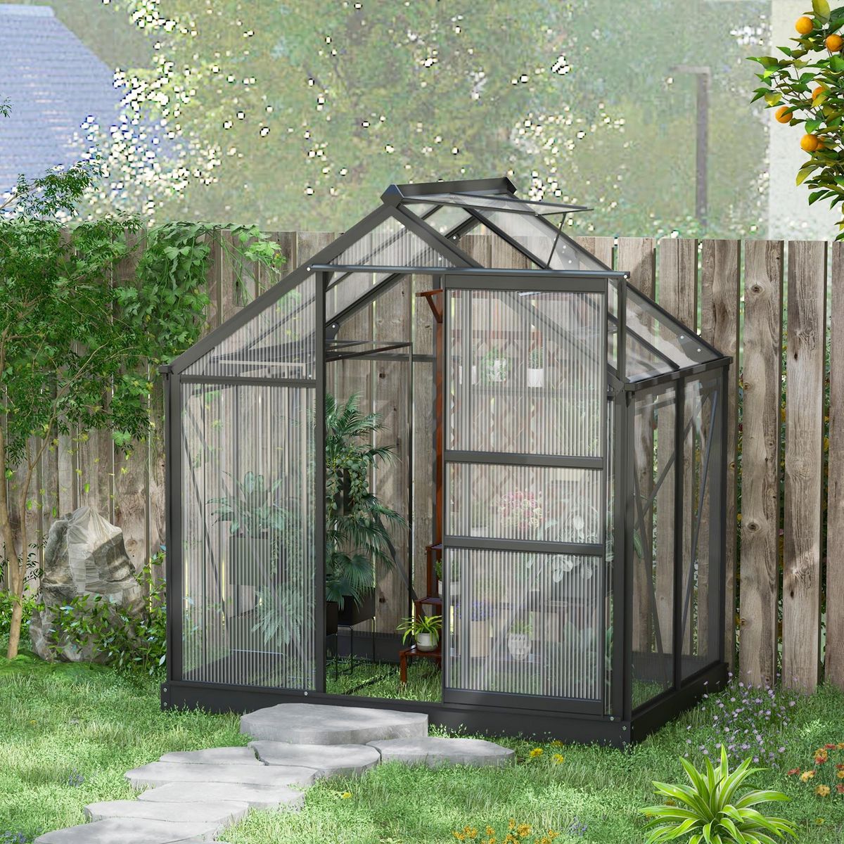 OUTSUNNY Serre de jardin aluminium polycarbonate 2,51 m² dim. 1,9L x 1,32l x 2,01H m lucarne, porte coulissante + fondation incluse alu. gris polycarbonate transparent