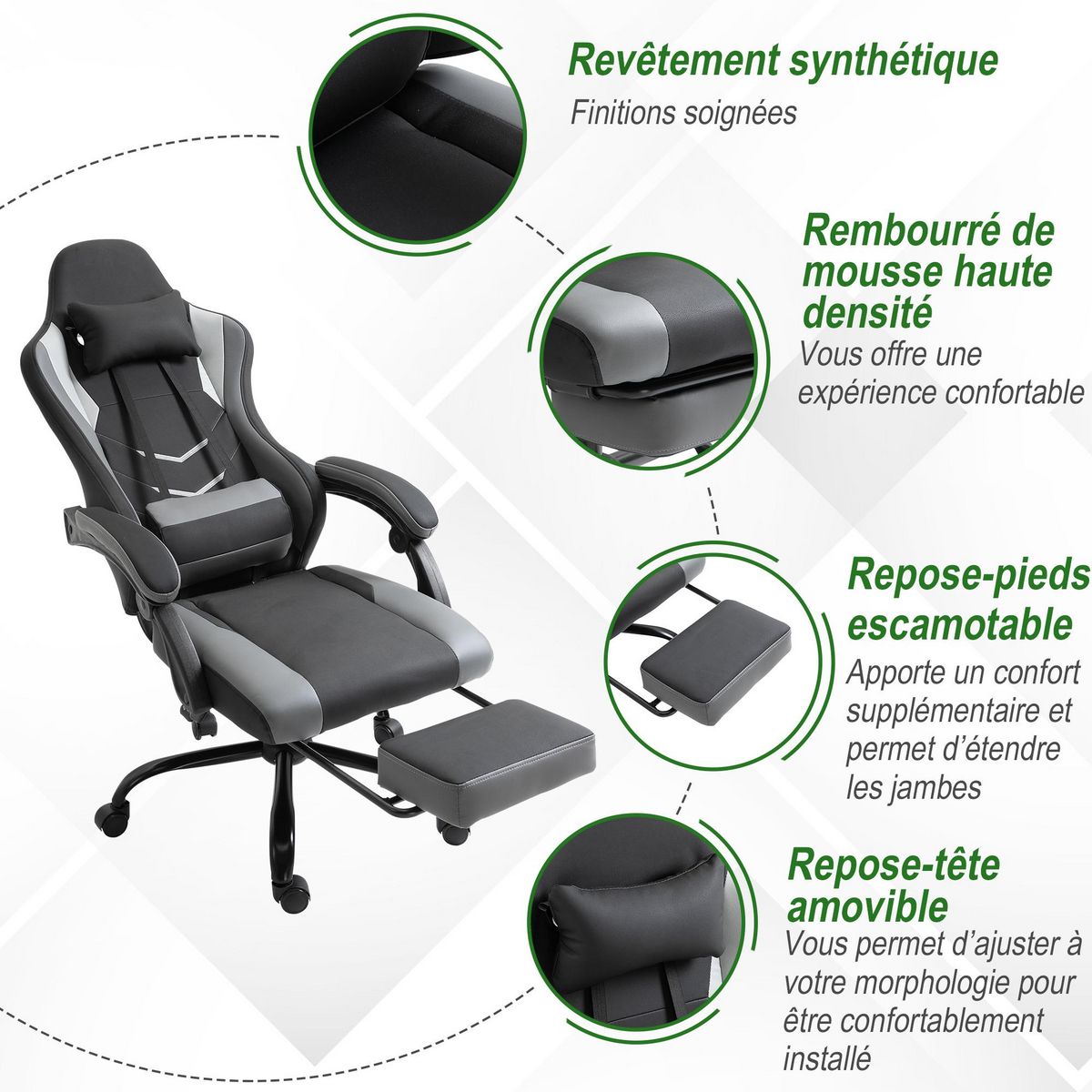 VINSETTO Vinsetto Fauteuil de bureau gamer style baquet racing - pivotant, inclinable - coussin lombaire, tétière, repose-pieds inclus - revêtement synthétique gris noir