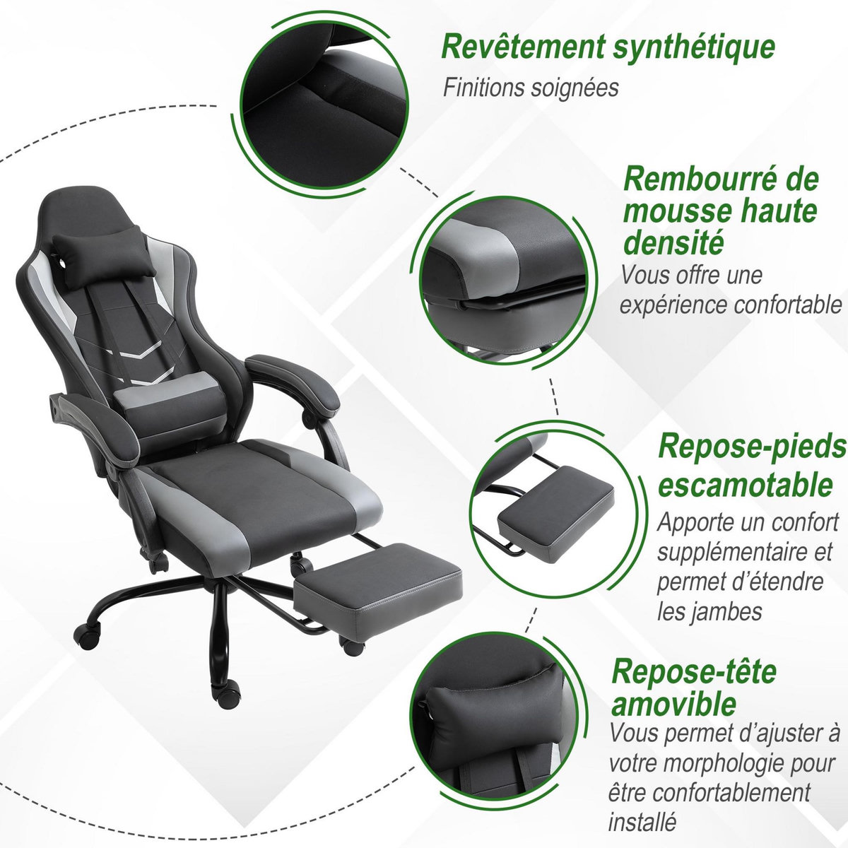 VINSETTO Vinsetto Fauteuil de bureau gamer style baquet racing - pivotant, inclinable - coussin lombaire, tétière, repose-pieds inclus - revêtement synthétique gris noir
