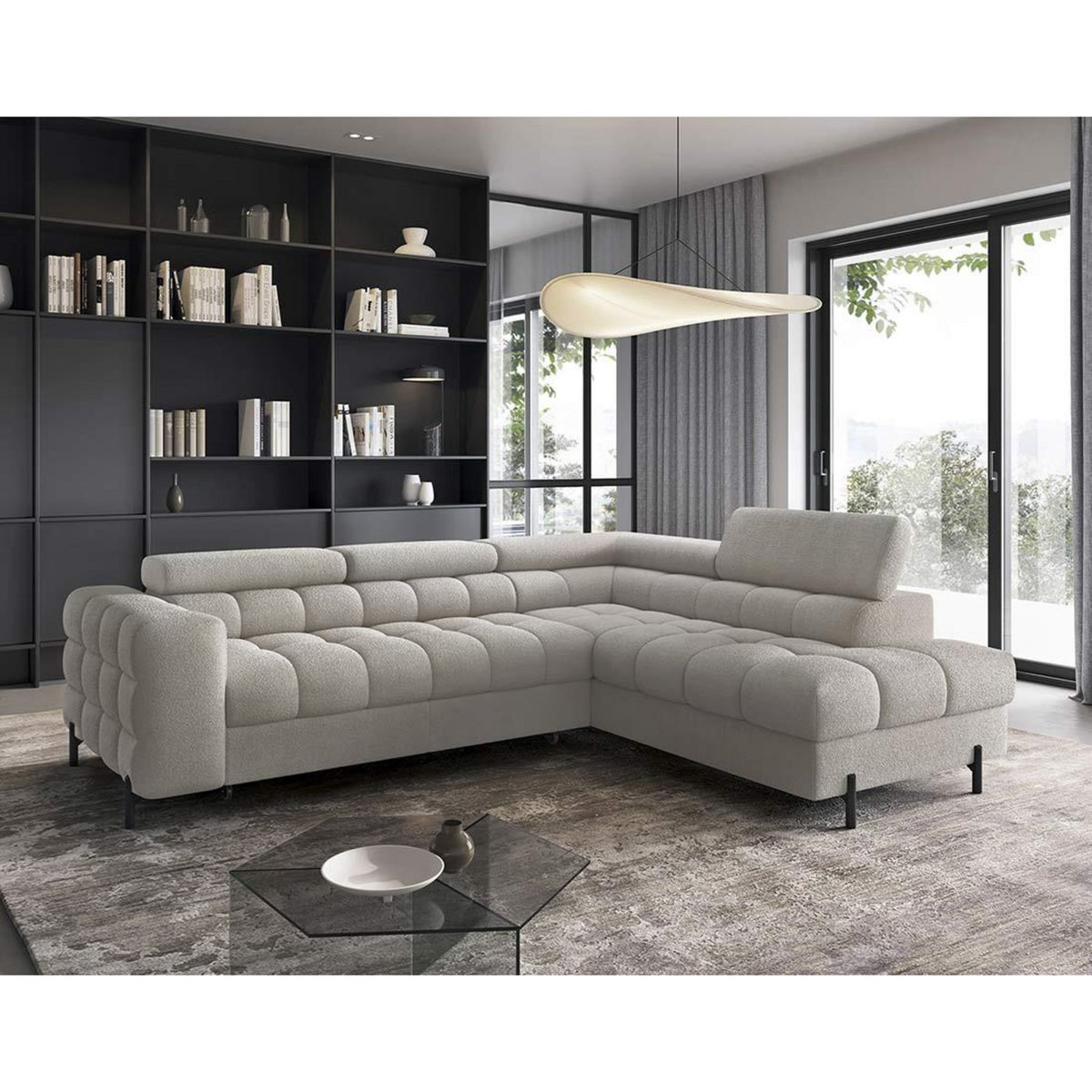 BEST MOBILIER Elisa - canapé d'angle droit 5 places convertible avec coffre et têtières réglables en tissu bouclette