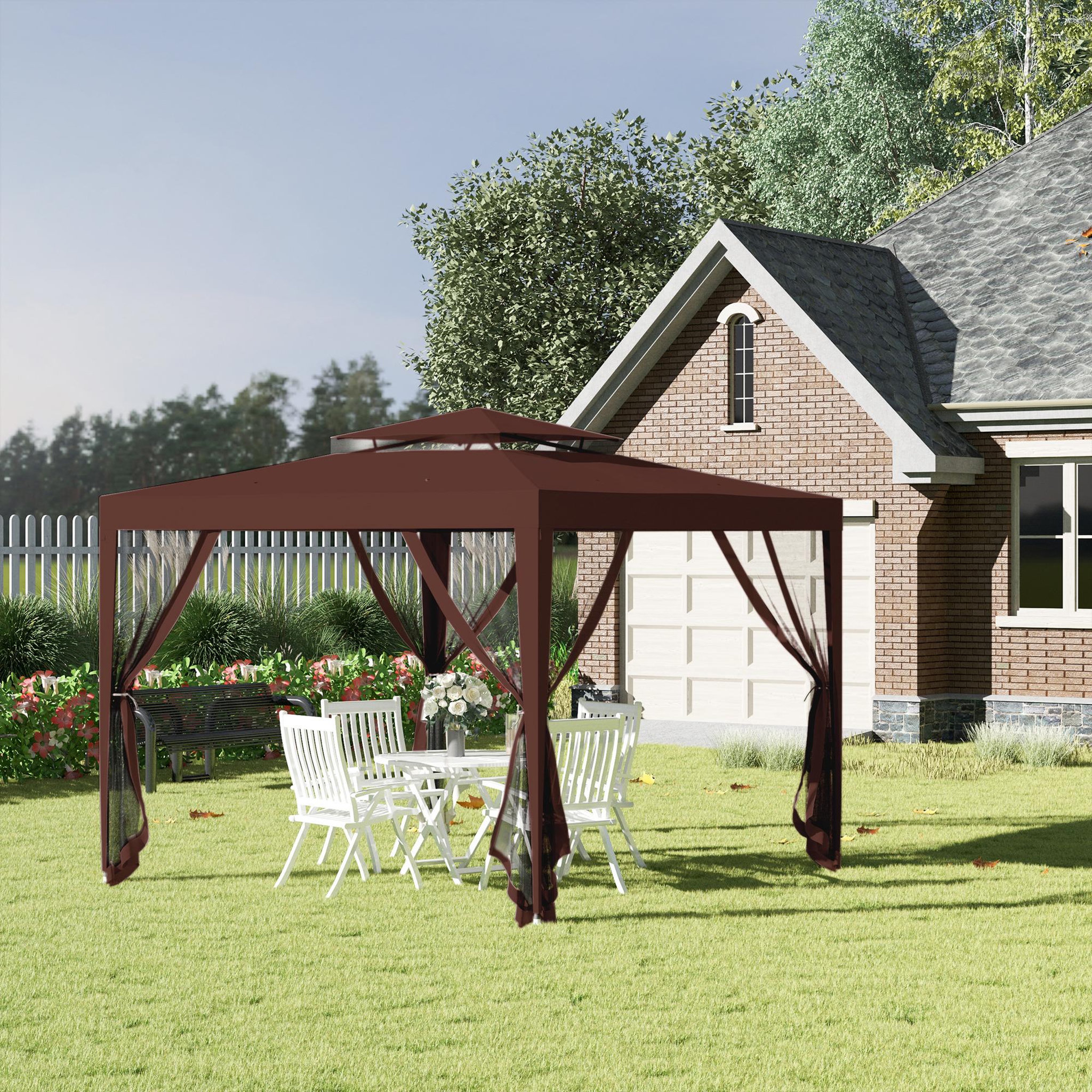 Voir la diapositive 2 : OUTSUNNY Tonnelle barnum de jardin 3L x 3l m avec 4 moustiquaires amovibles - double toit - métal polyester marron