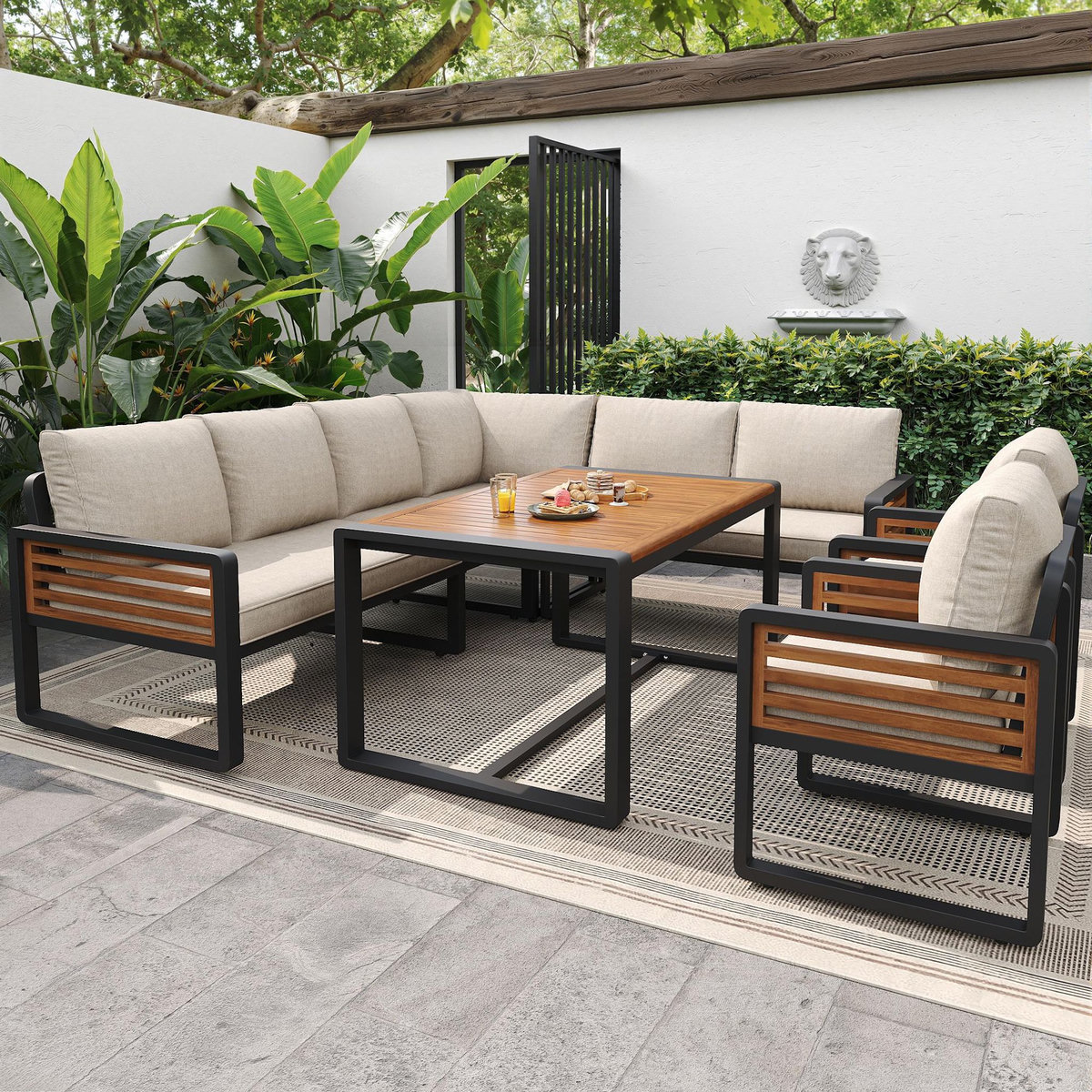 MERAX Salon de jardin repas 8 places en métal et bois massif avec canapé, table à manger, coussins