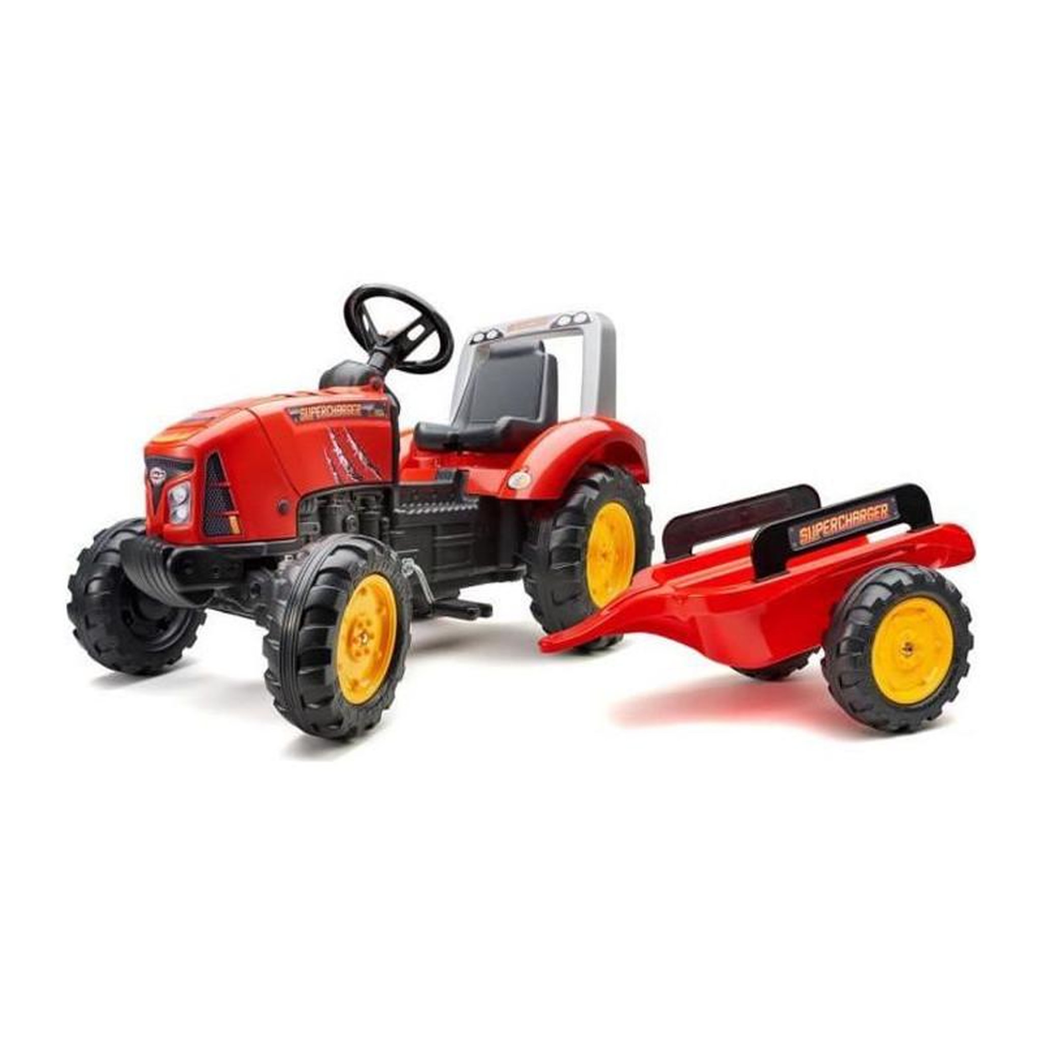 FALK FALK - Tracteur a pedales Supercharger rouge avec capot ouvrant et remorque inclus