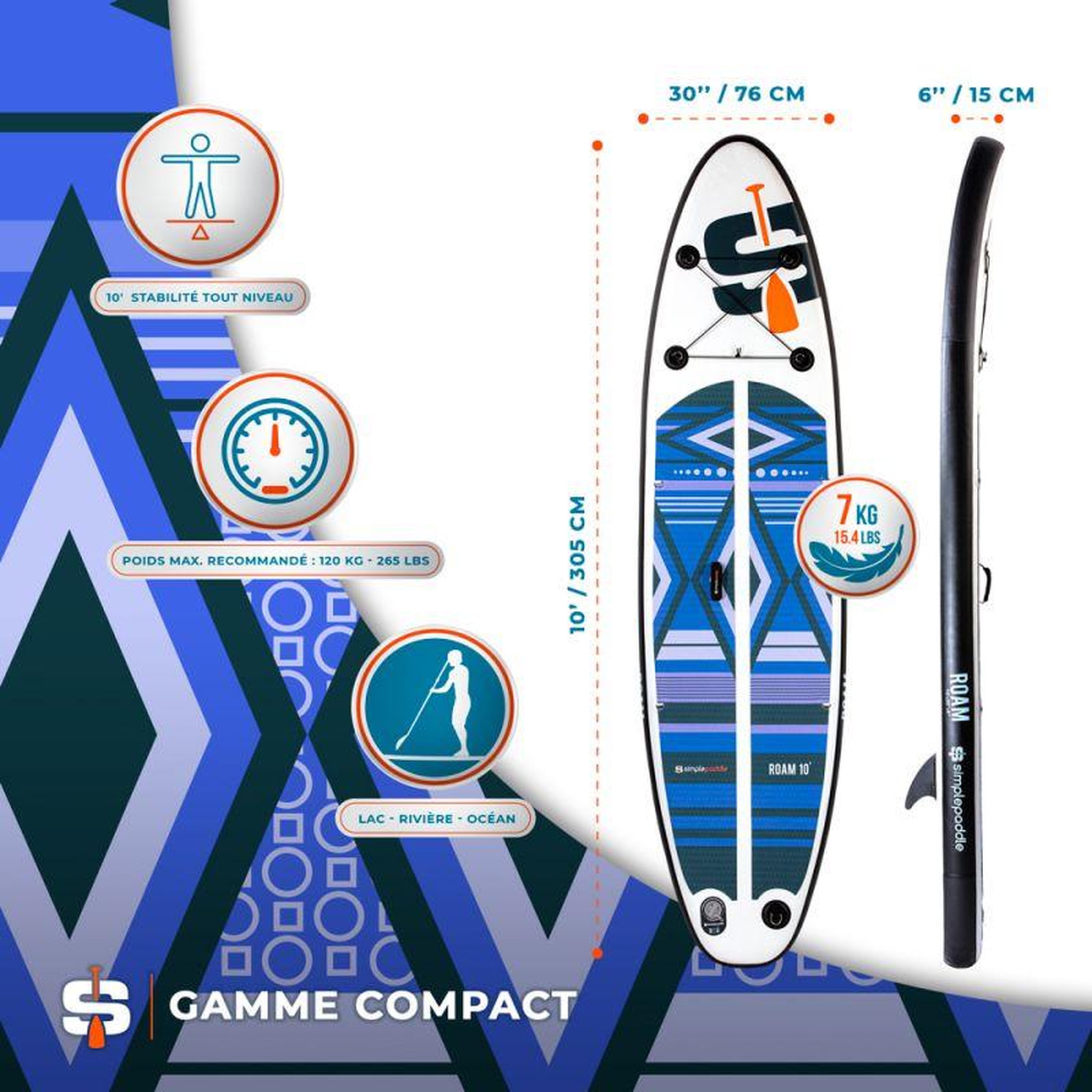 Voir la diapositive 3 : SIMPLE PADDLE Stand up Paddle Gonflable ROAM 10' 30'' 6'' (295 x 76 x 15 cm) Gamme COMPACT avec Pagaie, Leash, Pompe et Sac de Transport