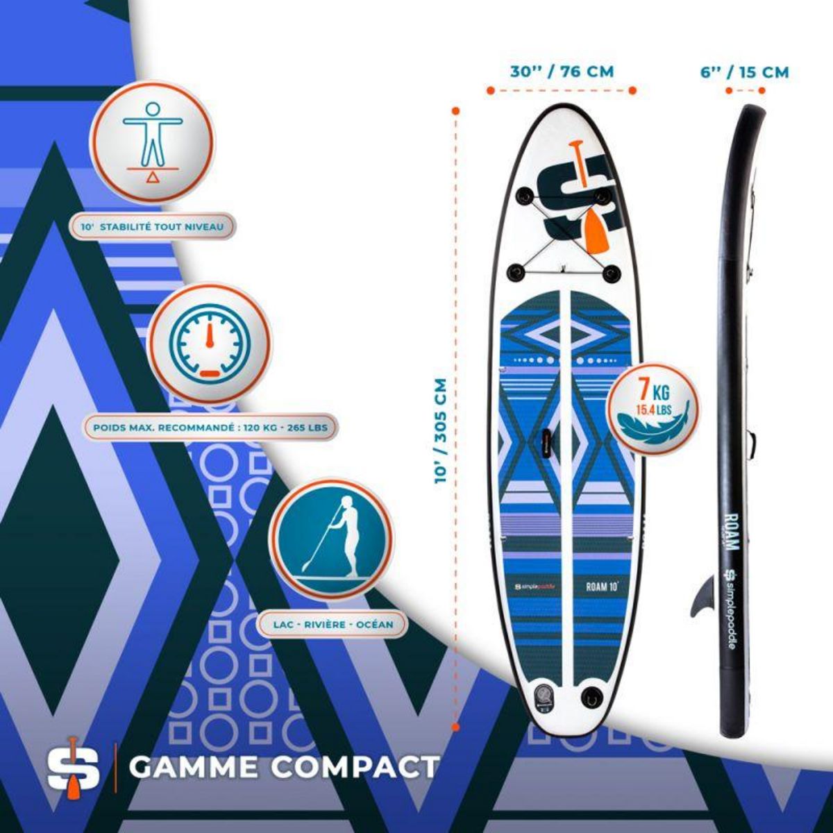 SIMPLE PADDLE Stand up Paddle Gonflable ROAM 10' 30'' 6'' (295 x 76 x 15 cm) Gamme COMPACT avec Pagaie, Leash, Pompe et Sac de Transport