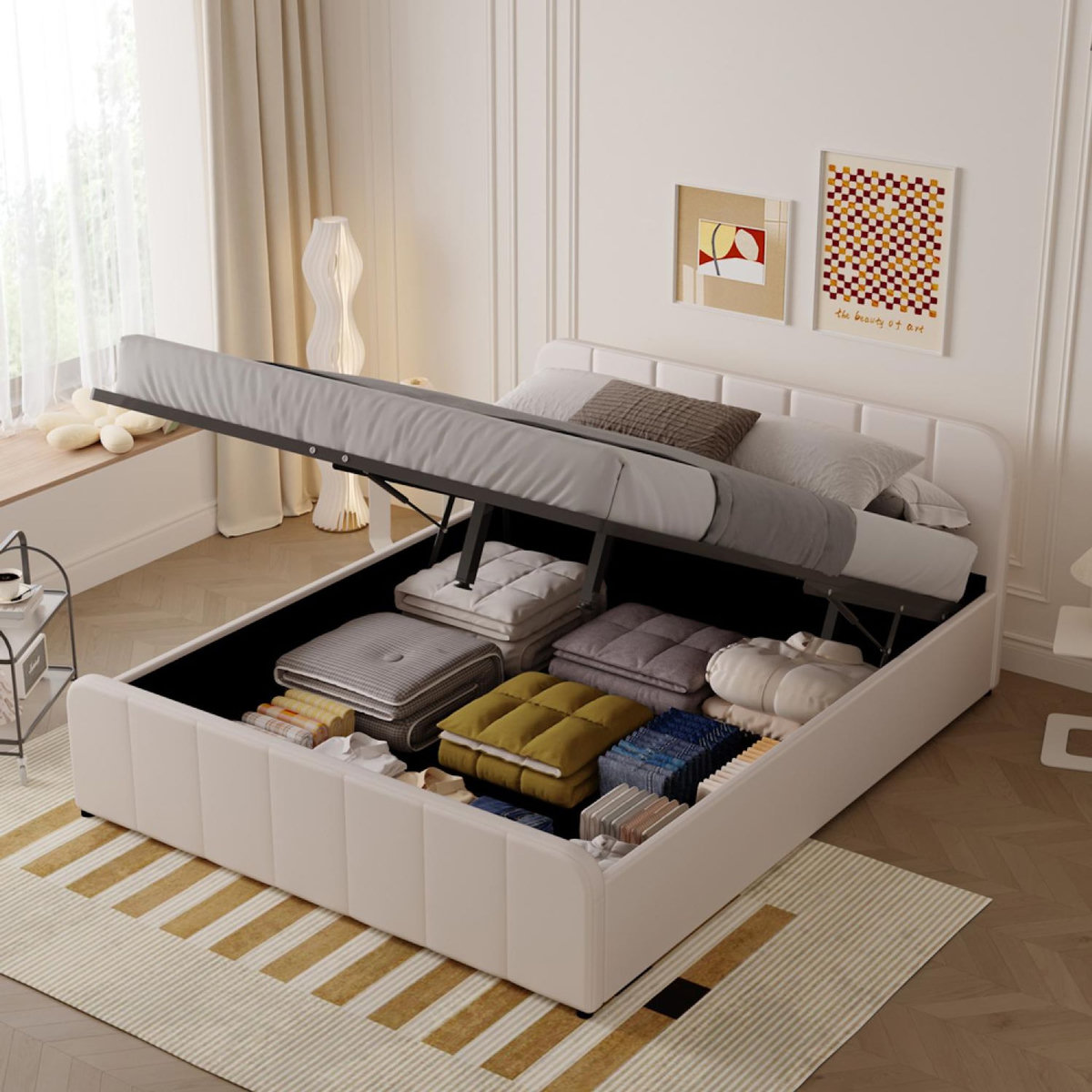 CONCEPT USINE Lit avec coffre de rangement 160x200cm en velours beige TAMPA