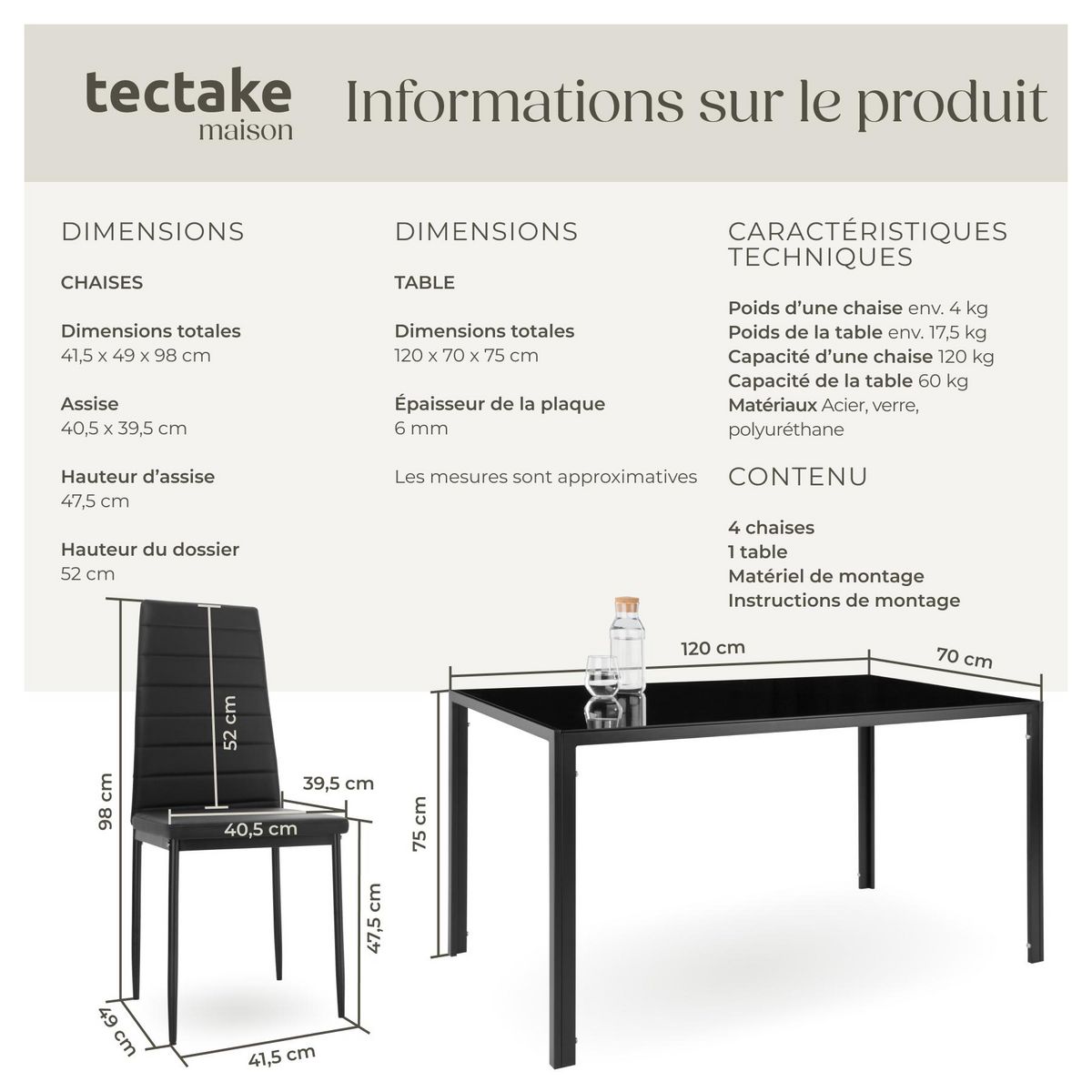 tectake Ensemble table et chaises de salle à manger en acier noir