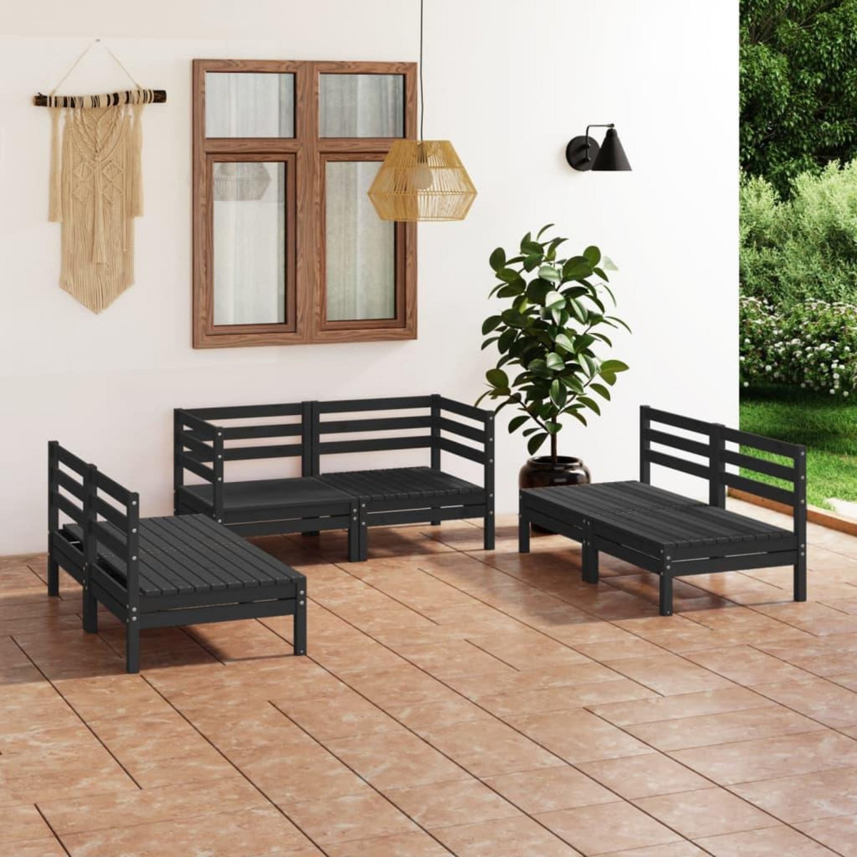 VIDAXL Salon de jardin 6 pcs Noir Bois de pin massif