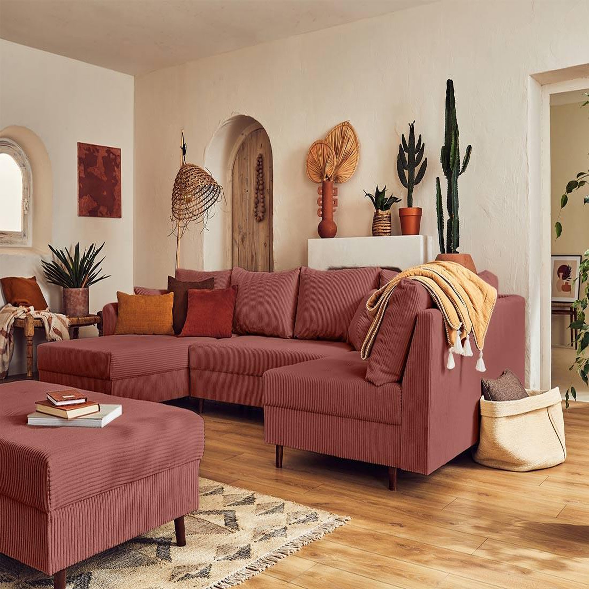 Voir la diapositive 2 : BEST MOBILIER Rune - canapé panoramique d'angle droit - 7 places - avec pouf d'appoint - en velours côtelé