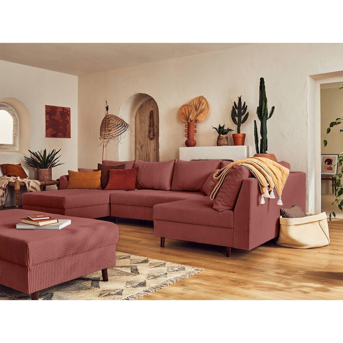 LISA DESIGN Rune - canapé panoramique d'angle droit - 7 places - avec pouf d'appoint - en velours côtelé