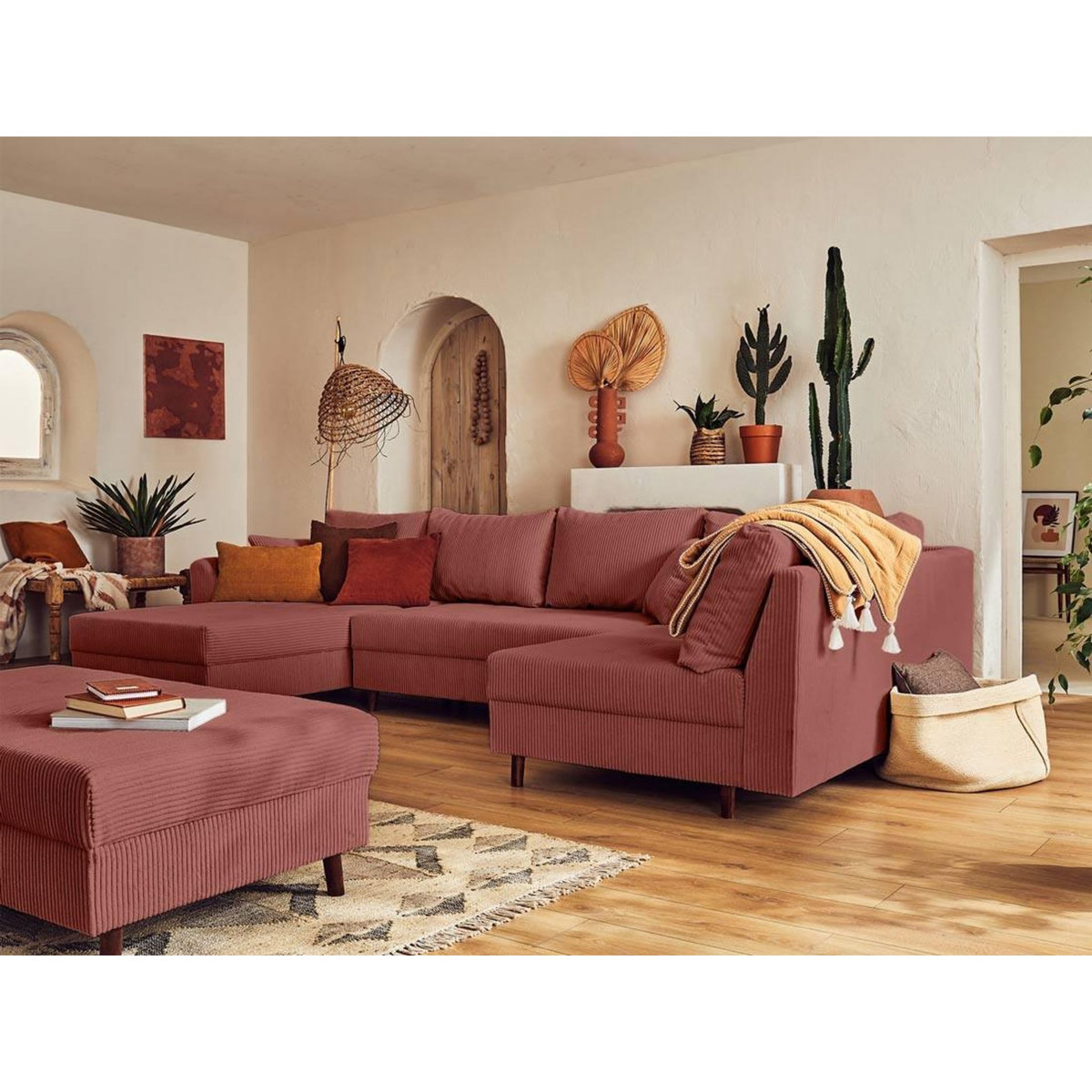 LISA DESIGN Rune - canapé panoramique d'angle droit - 7 places - avec pouf d'appoint - en velours côtelé