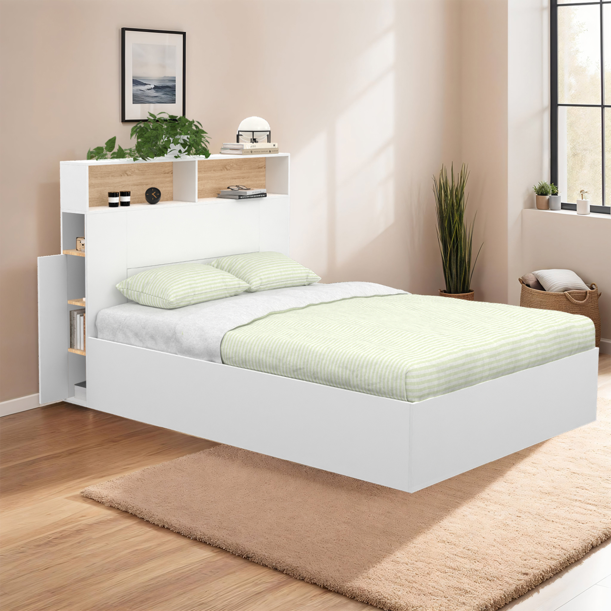 Voir la diapositive 4 : ID MARKET Lit coffre double clyde avec tête de lit + rangements et sommier 140 x 190 cm blanc et façon hêtre