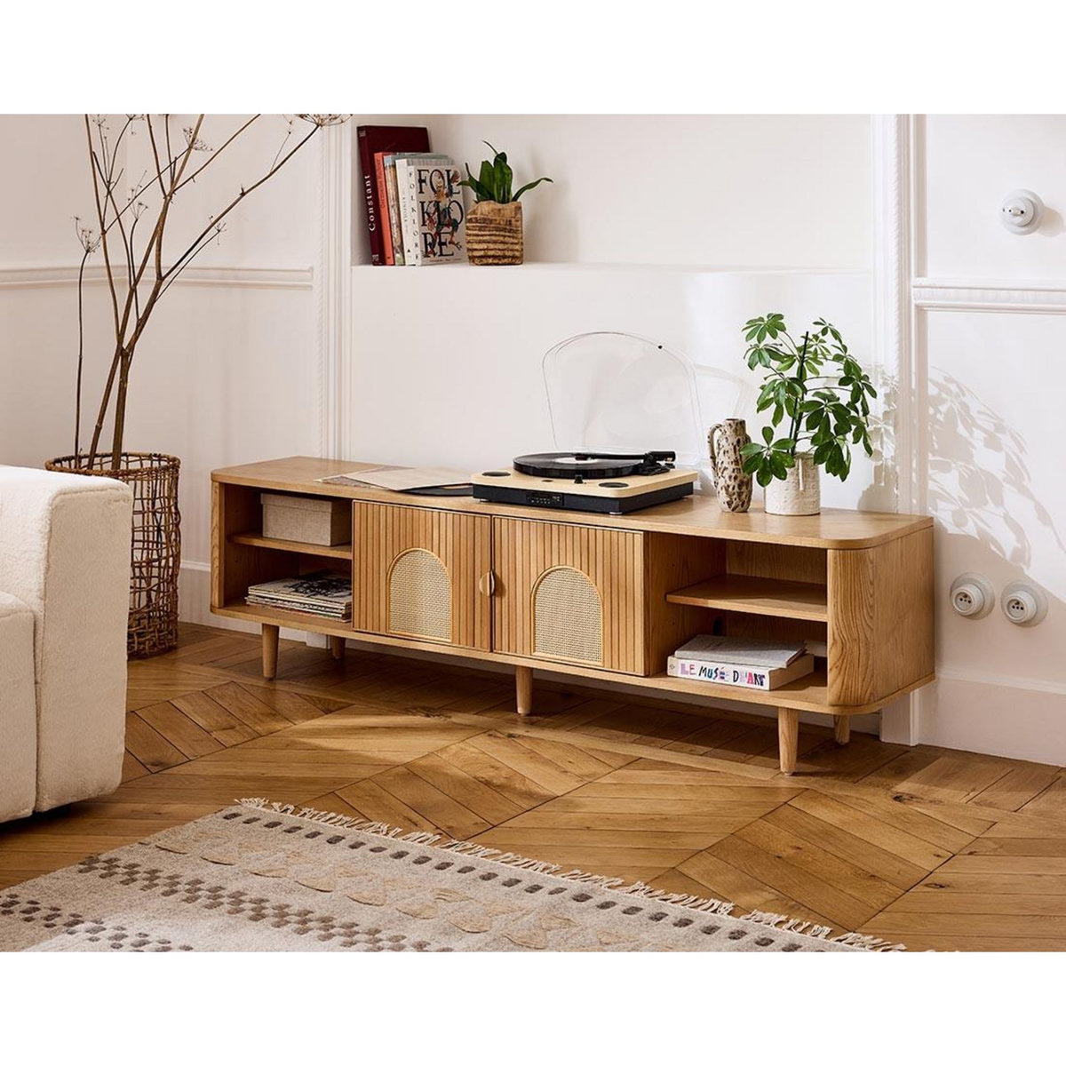 LISA DESIGN Milazzo - meuble tv - bois plaqué chêne et cannage - 4 niches et 2 portes - 180 cm