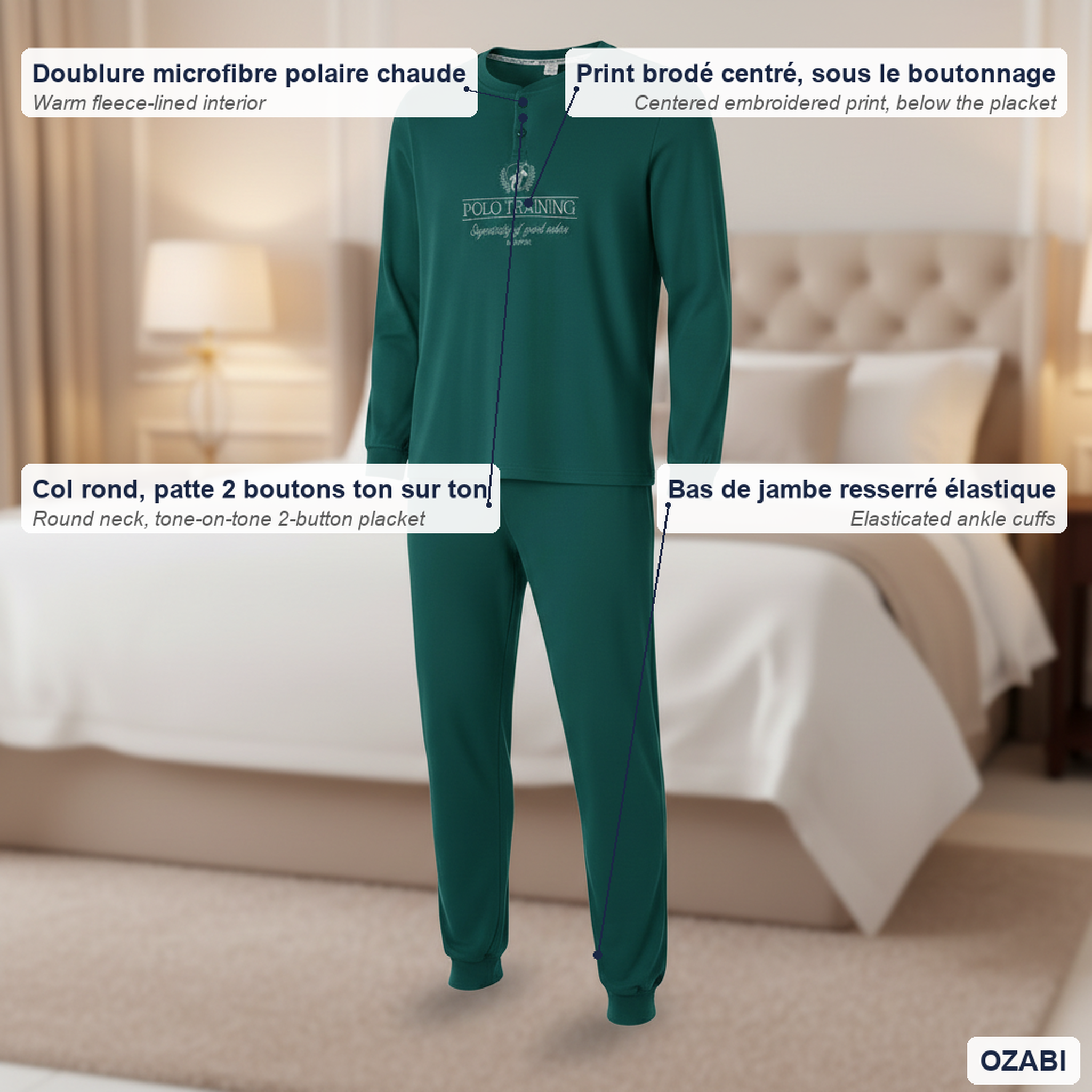 Voir la diapositive 5 : OZABI Ozabi pyjama homme doublé polaire print brodé