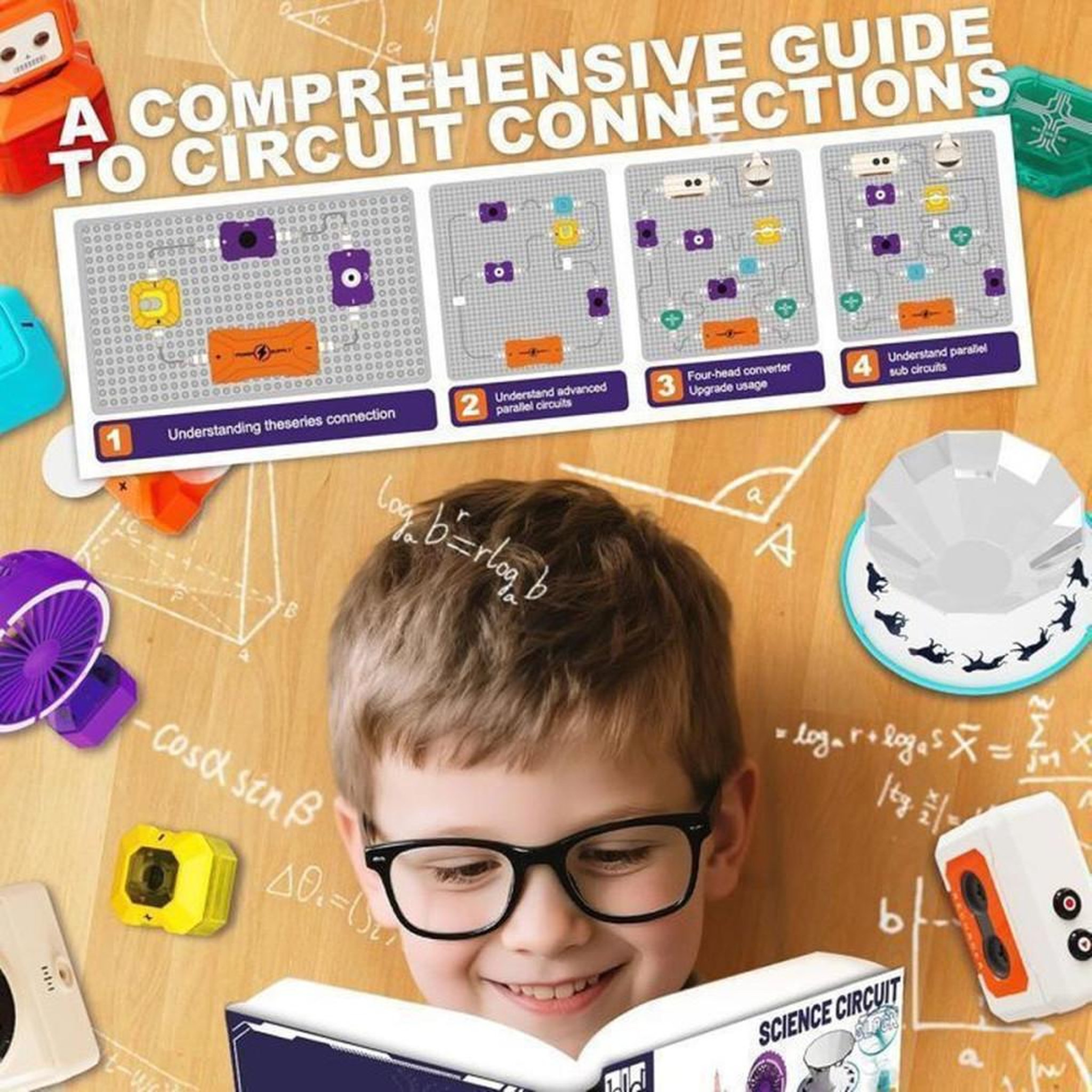 Voir la diapositive 2 : Kit STEM circuits électroniques 68 pièces avec 450+ projets, modules lumineux, ventilateur et effets d'images rotatives, dès 6 ans