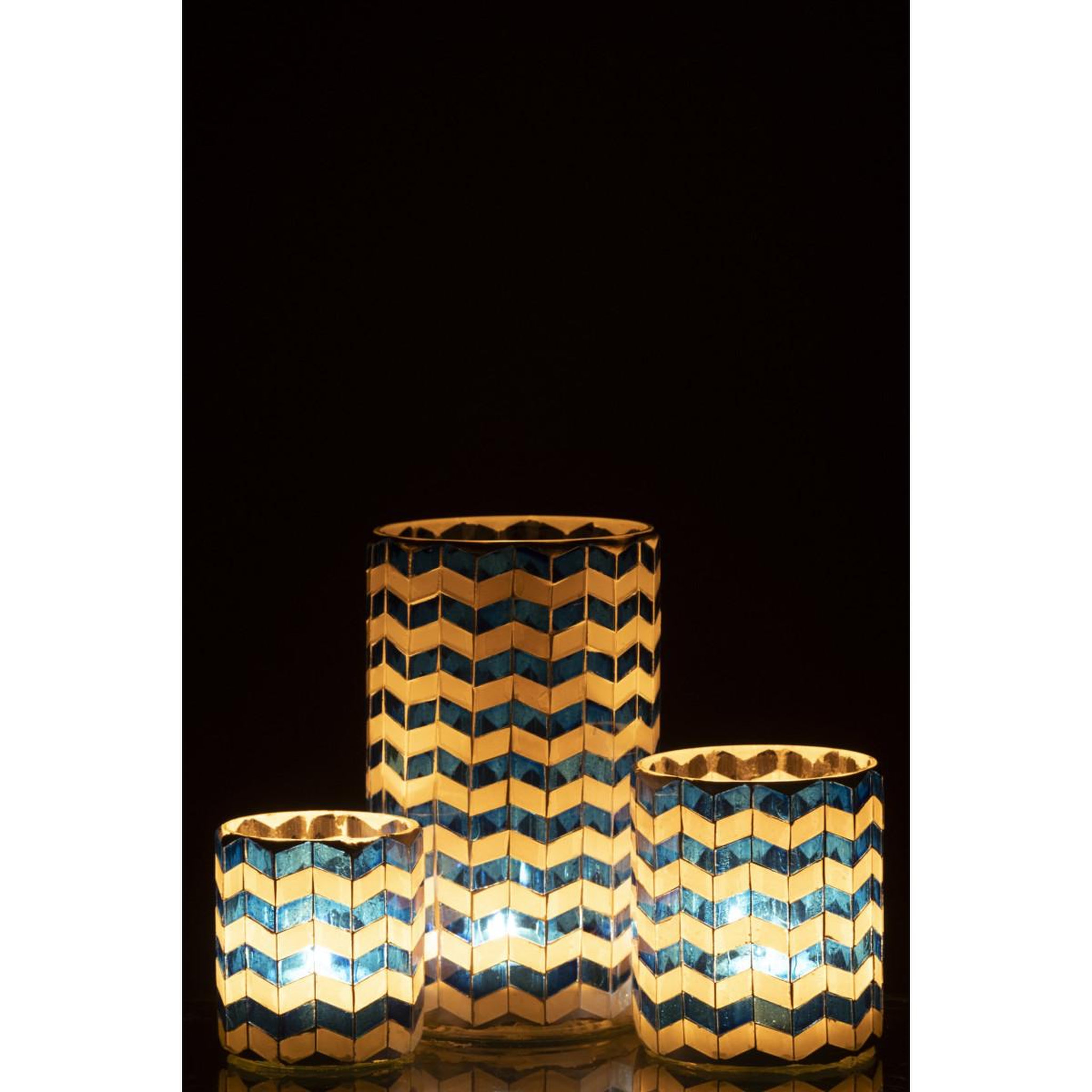 Voir la diapositive 4 : J-LINE Photophore chevrons en verre  santorin  18cm bleu