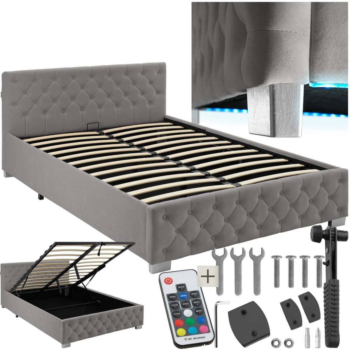 tectake Lit rembourré En aspect velours avec motif matelassé gris foncé 140 x 200 cm