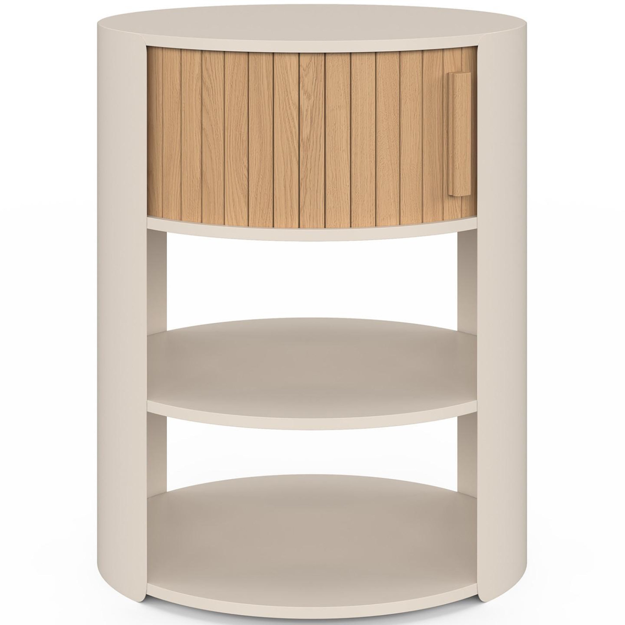 Voir la diapositive 3 : ID MARKET Lot de 2 tables de chevet rondes tono beige avec 1 porte coulissante effet lattes table d'appoint