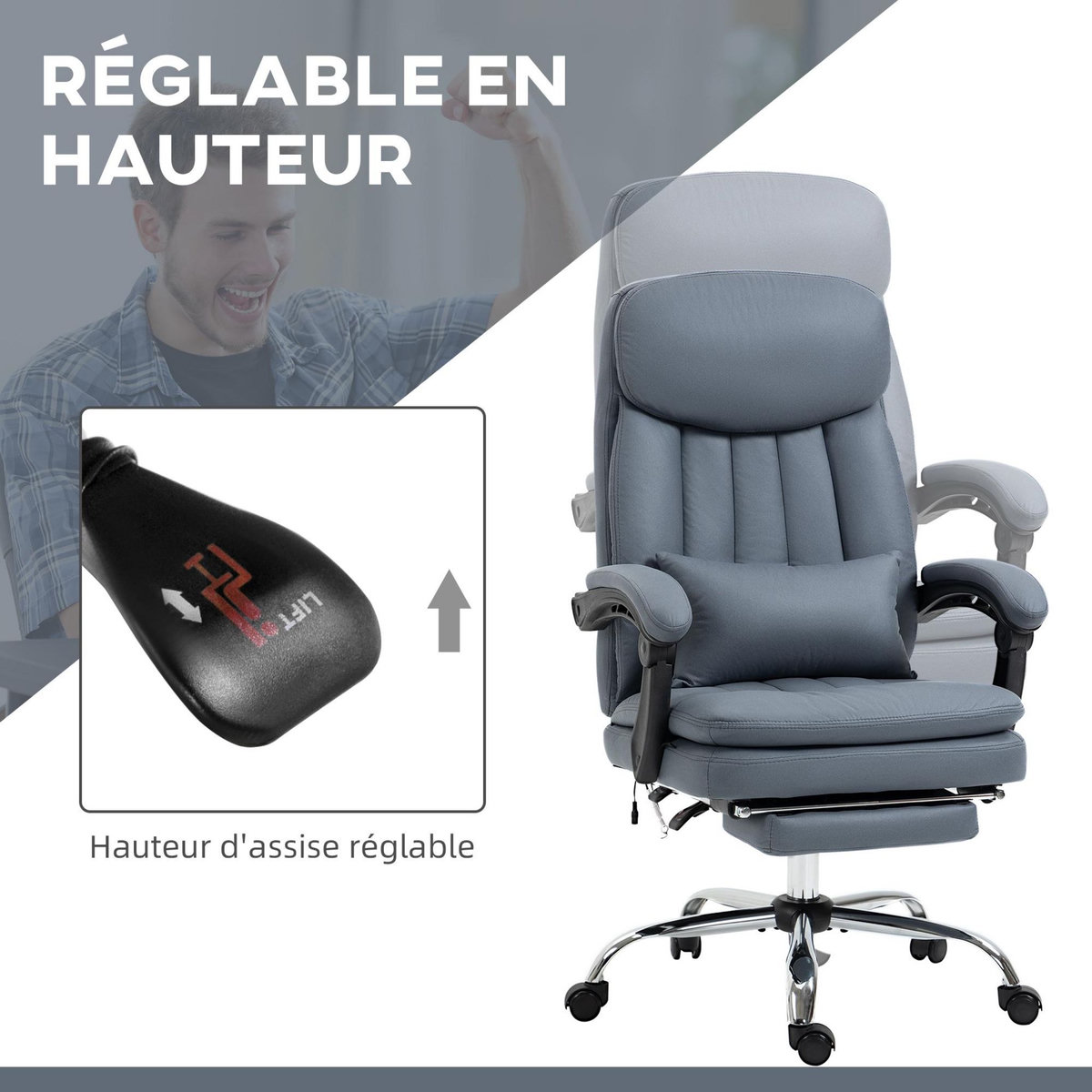 VINSETTO Fauteuil de bureau direction massant chauffant inclinable réglable repose-pied intégré tissu technique bleu