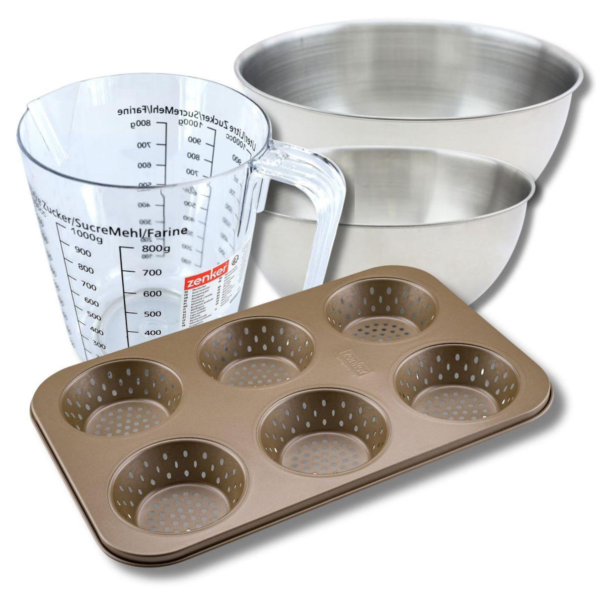 ZENKER Set pâtisserie avec moule à 6 petits pains 33 x 22 cm en acier, 2 bols à mixer, verre mesureur et spatule Zenker