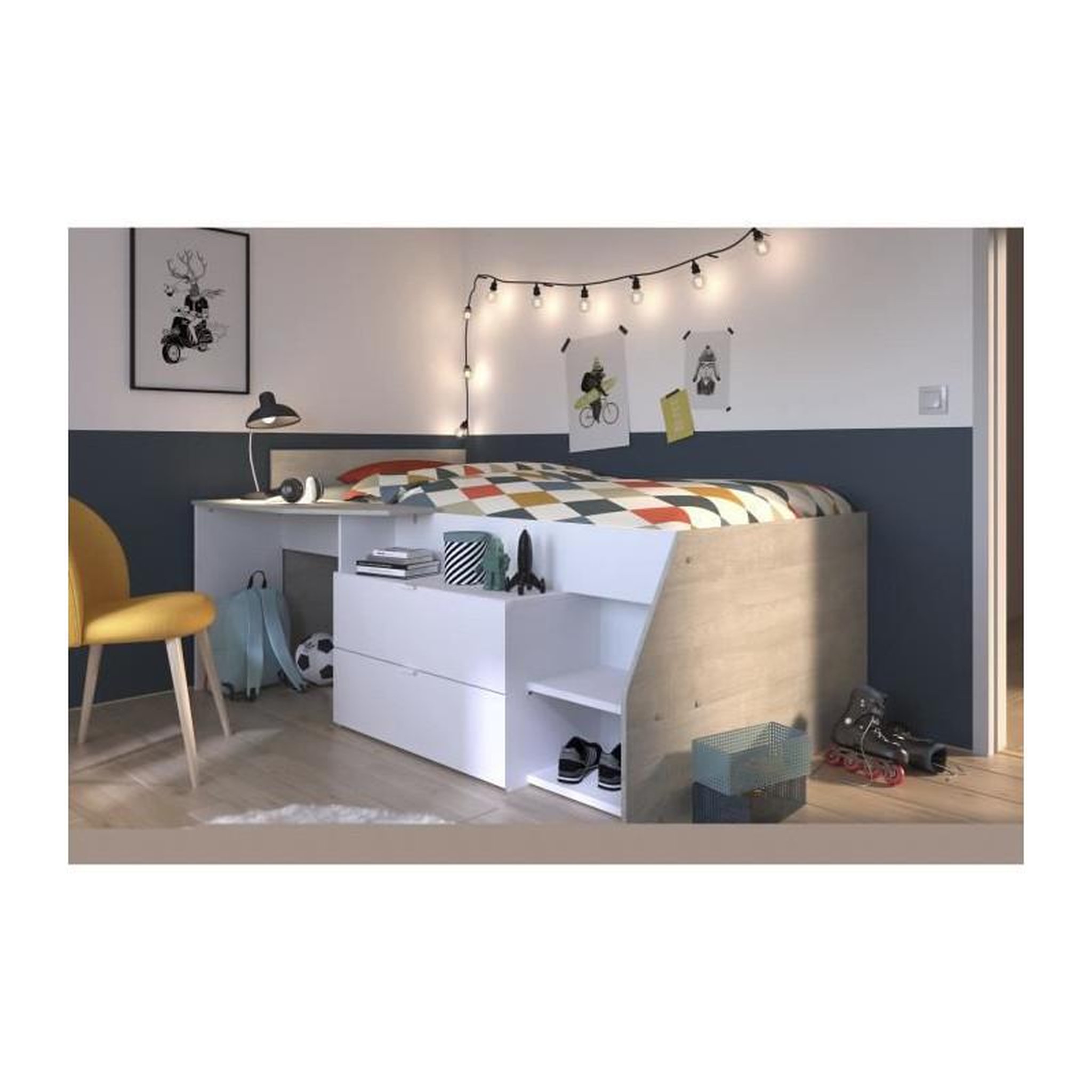 Voir la diapositive 3 : PARISOT KIM Lit combine enfant contemporain decor chene silex et blanc - l 90 x L 190 ou 200 cm