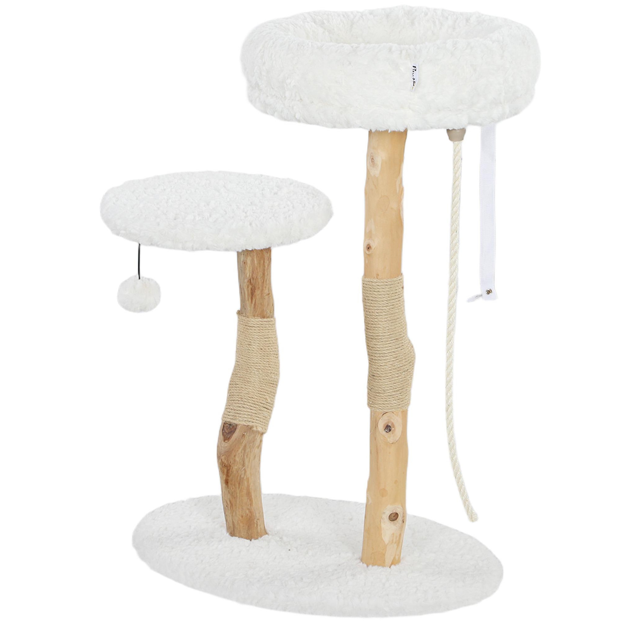 PAWHUT Arbre à chat style bohème chic h.85 cm plateforme panier observation corde boule bois naturel effet laine bouclée