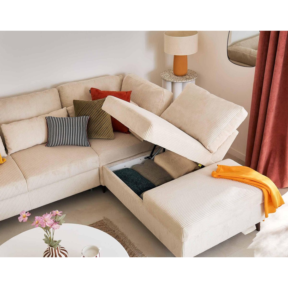 BEST MOBILIER Aubepine - canapé d'angle réversible 5 places - convertible avec coffre - en velours côtelé