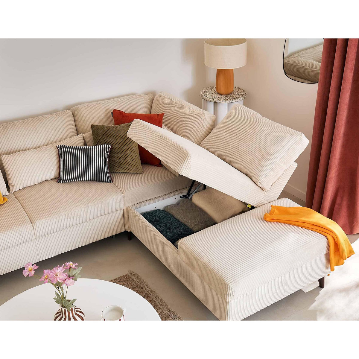 BEST MOBILIER Aubepine - canapé d'angle réversible 5 places - convertible avec coffre - en velours côtelé