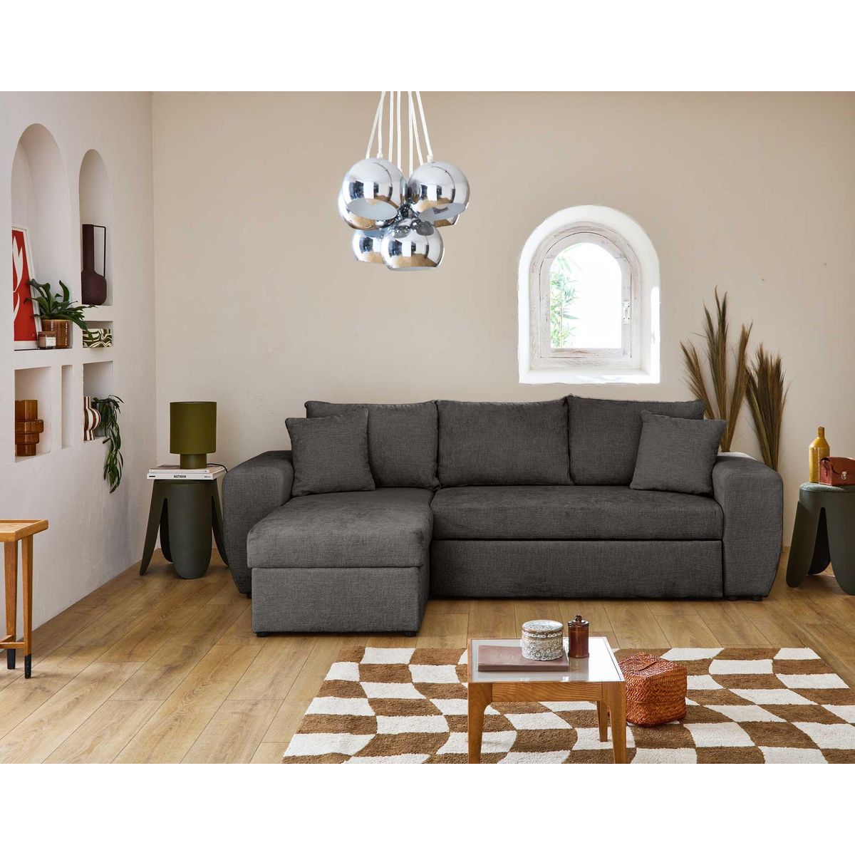 BEST MOBILIER Milan - canapé d'angle réversible 4 places - convertible avec coffre - en velours texturé