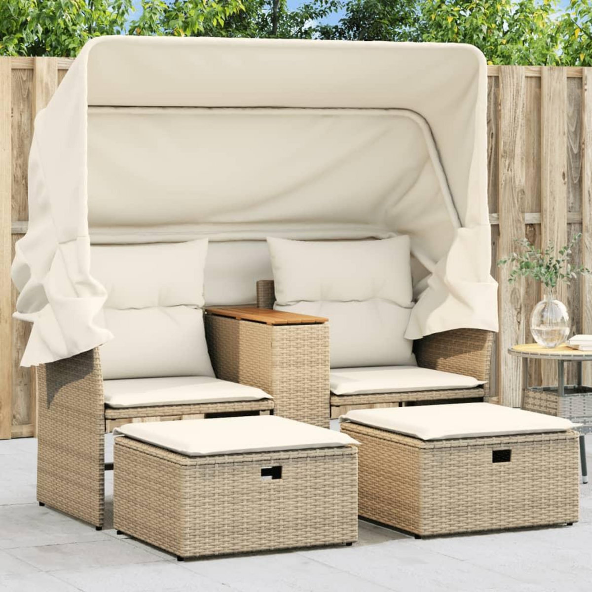 VIDAXL Canape de jardin 2 places avec auvent et tabourets beige rotin