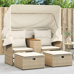 VIDAXL Canape de jardin 2 places avec auvent et tabourets beige rotin