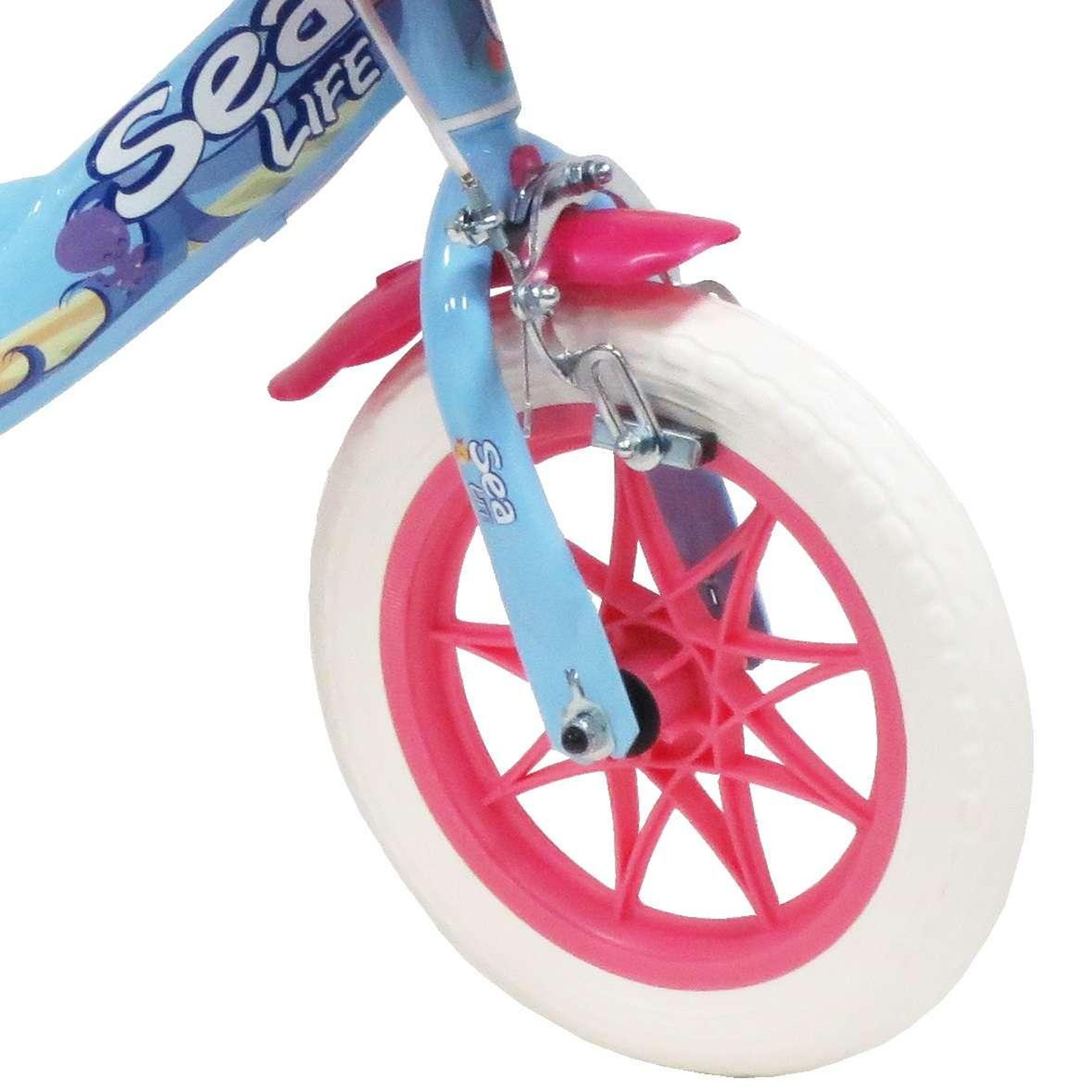 Voir la diapositive 3 : Vélo enfant - Modème 12'' Sea-Life pour enfant de 85/100 cm avec stabilisateurs à molettes - 1 Frein - Panier avant et roue à batons.