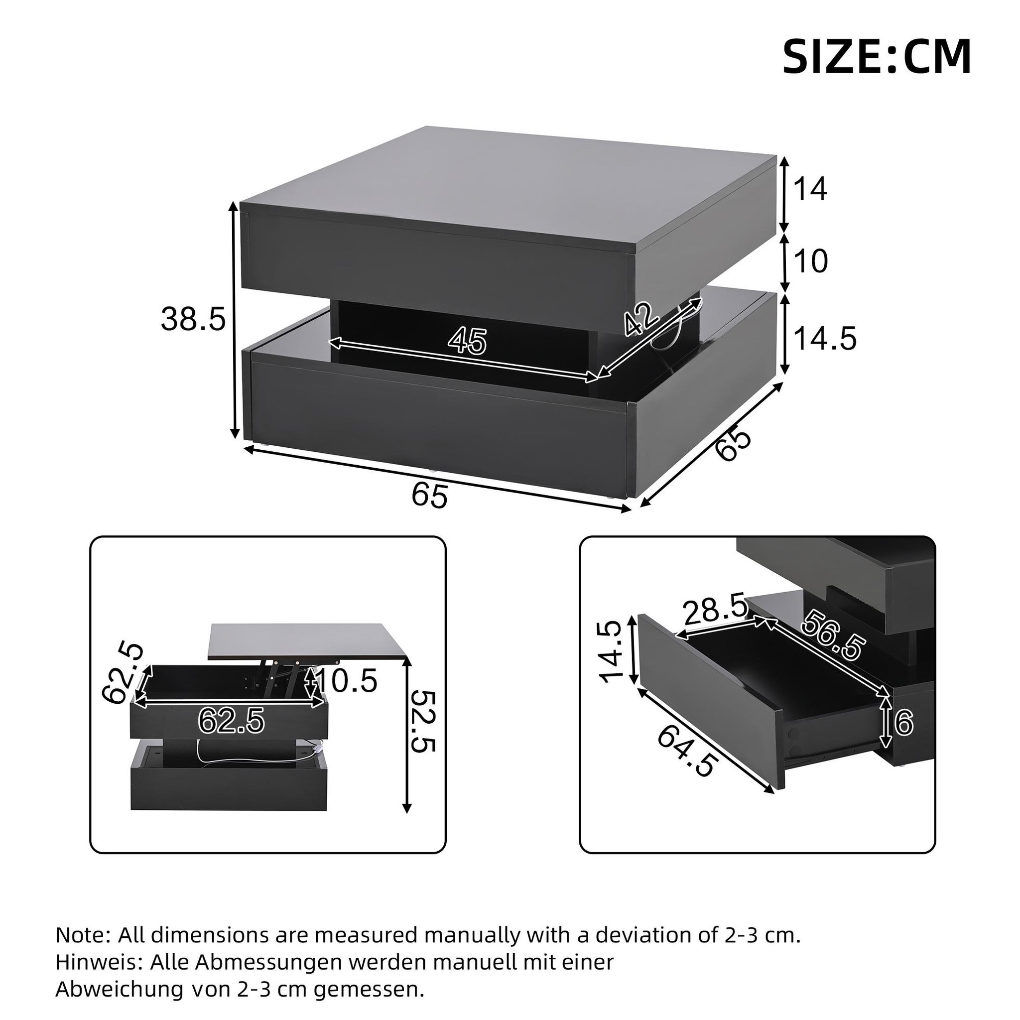 Voir la diapositive 3 : MERAX Table basse relevable carrée noir - 65x65 cm led panneau de particules