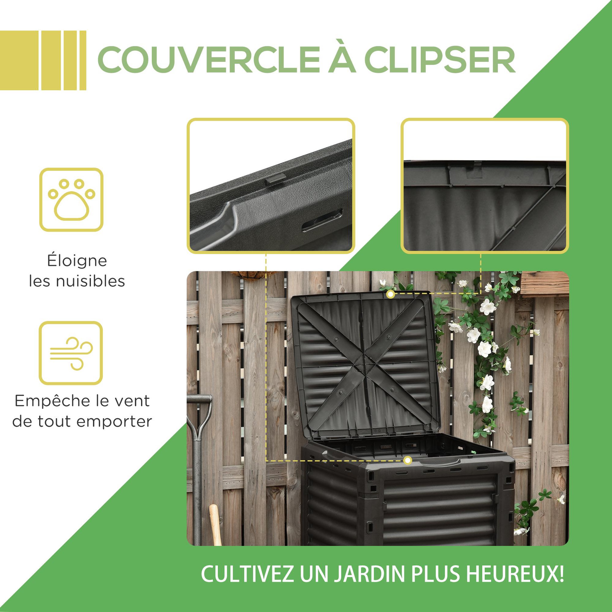 Voir la diapositive 6 : OUTSUNNY Composteur de jardin 300L - grande porte et couvercle - aération optimale - polypropylène noir